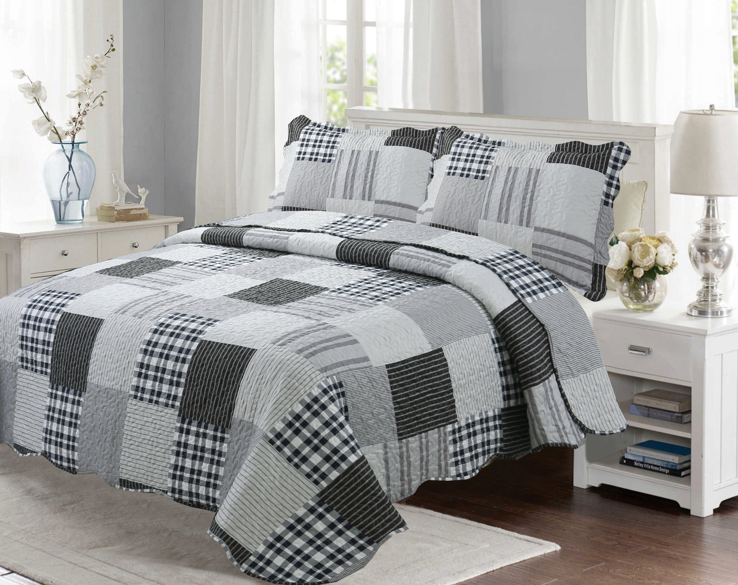 Printed Stitching Coverlet Bedspread Soft Bedding Summer Quilt Set, Modern Grey Plaid