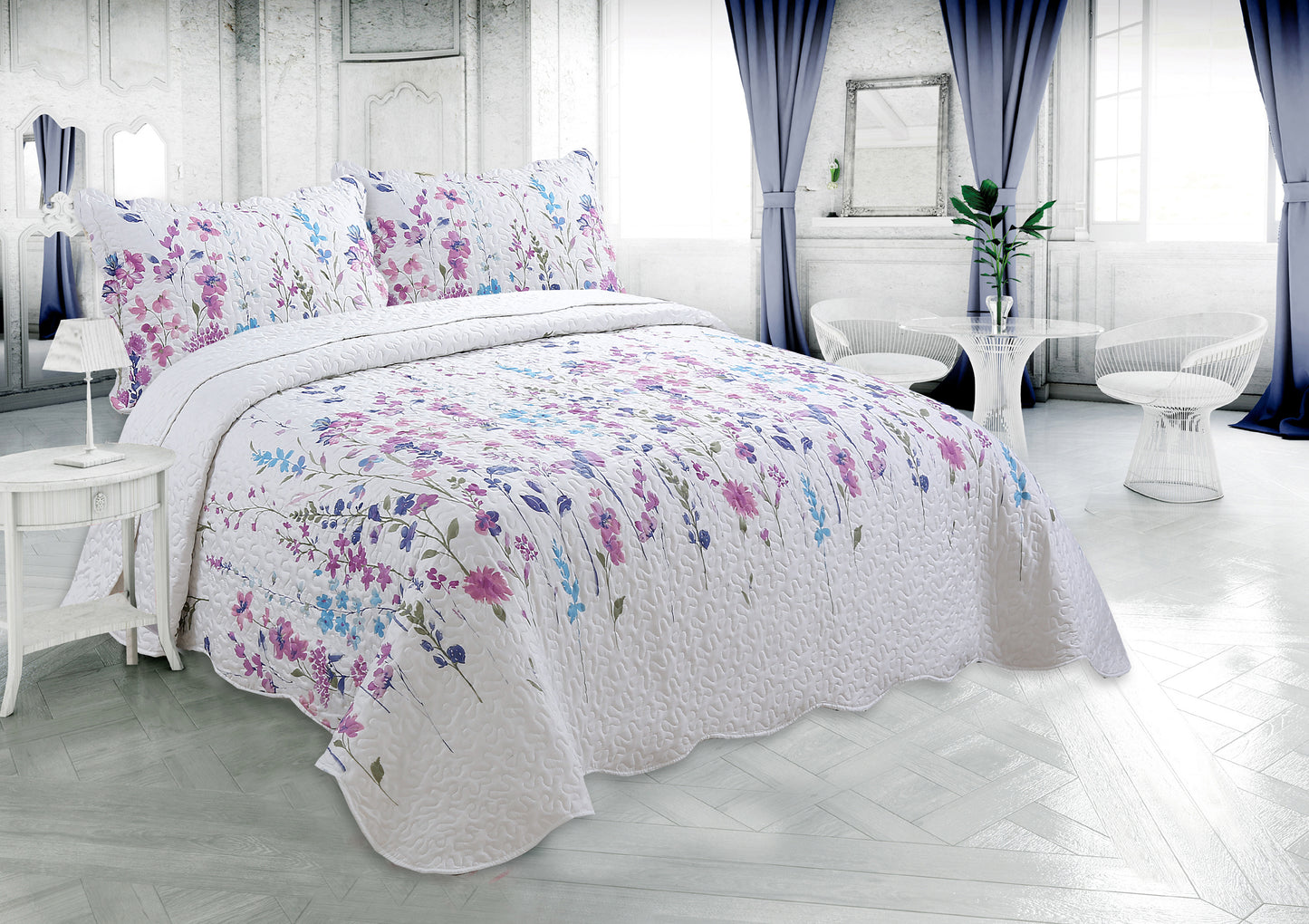 Printed Stitching Coverlet Bedspread Soft Bedding Summer Quilt Set, Colorful Floral Garden