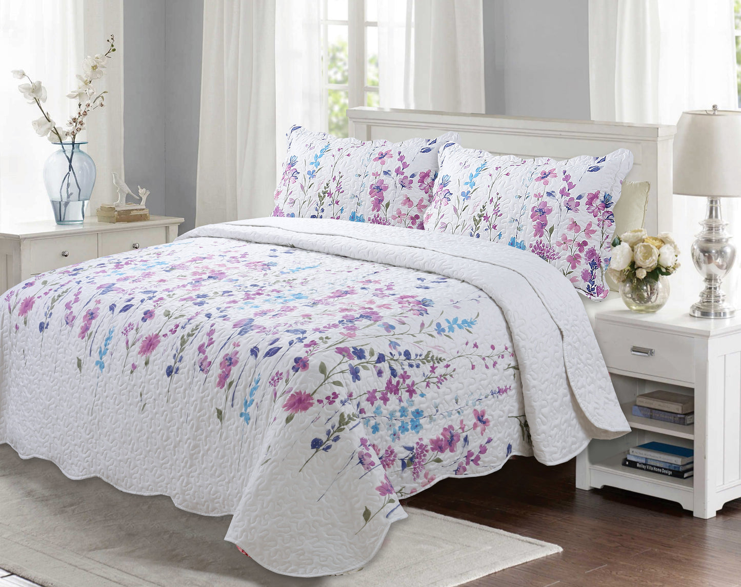 Printed Stitching Coverlet Bedspread Soft Bedding Summer Quilt Set, Colorful Floral Garden