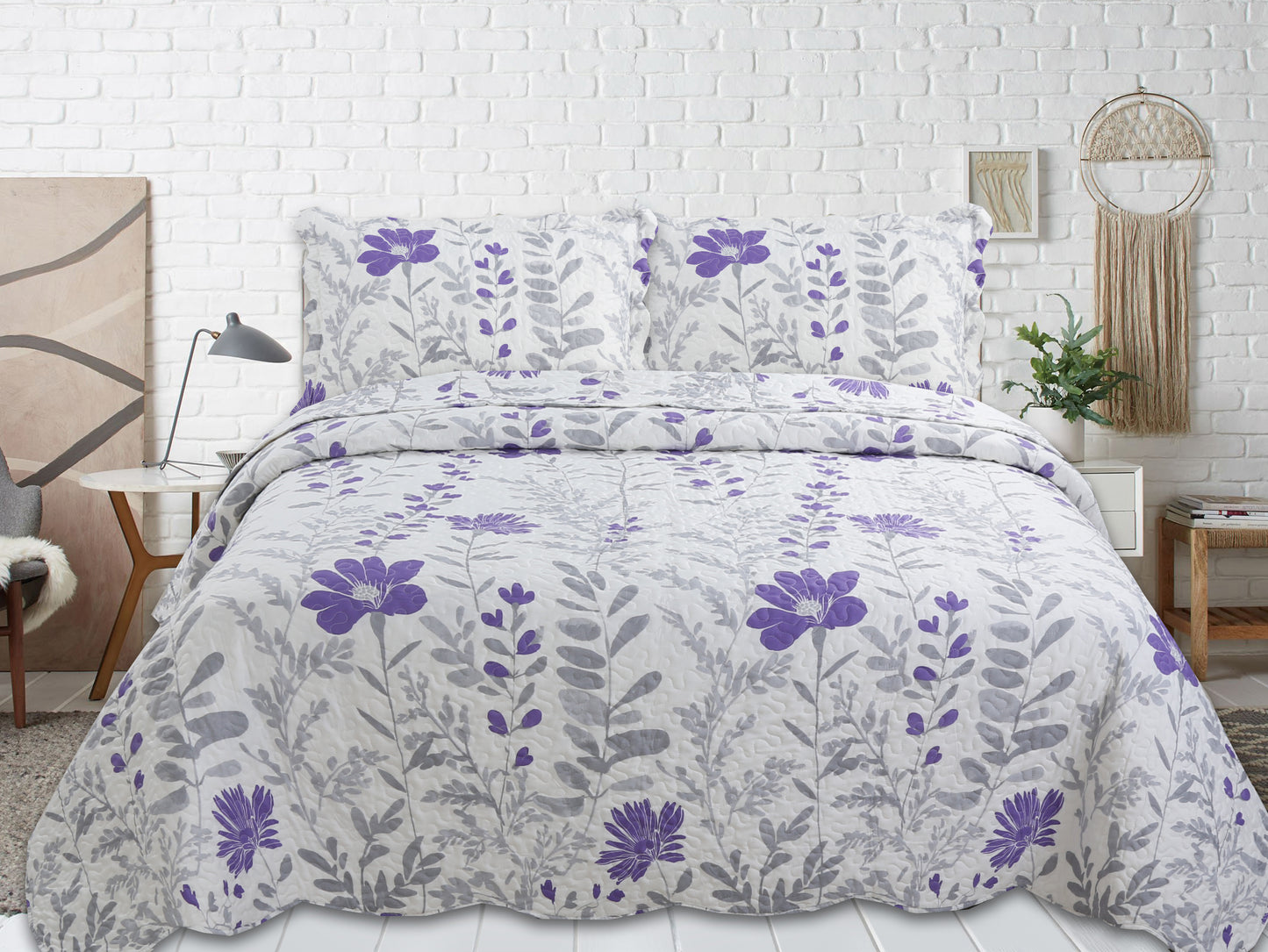 Printed Stitching Coverlet Bedspread Soft Bedding Summer Quilt Set, Modern Purple Floral
