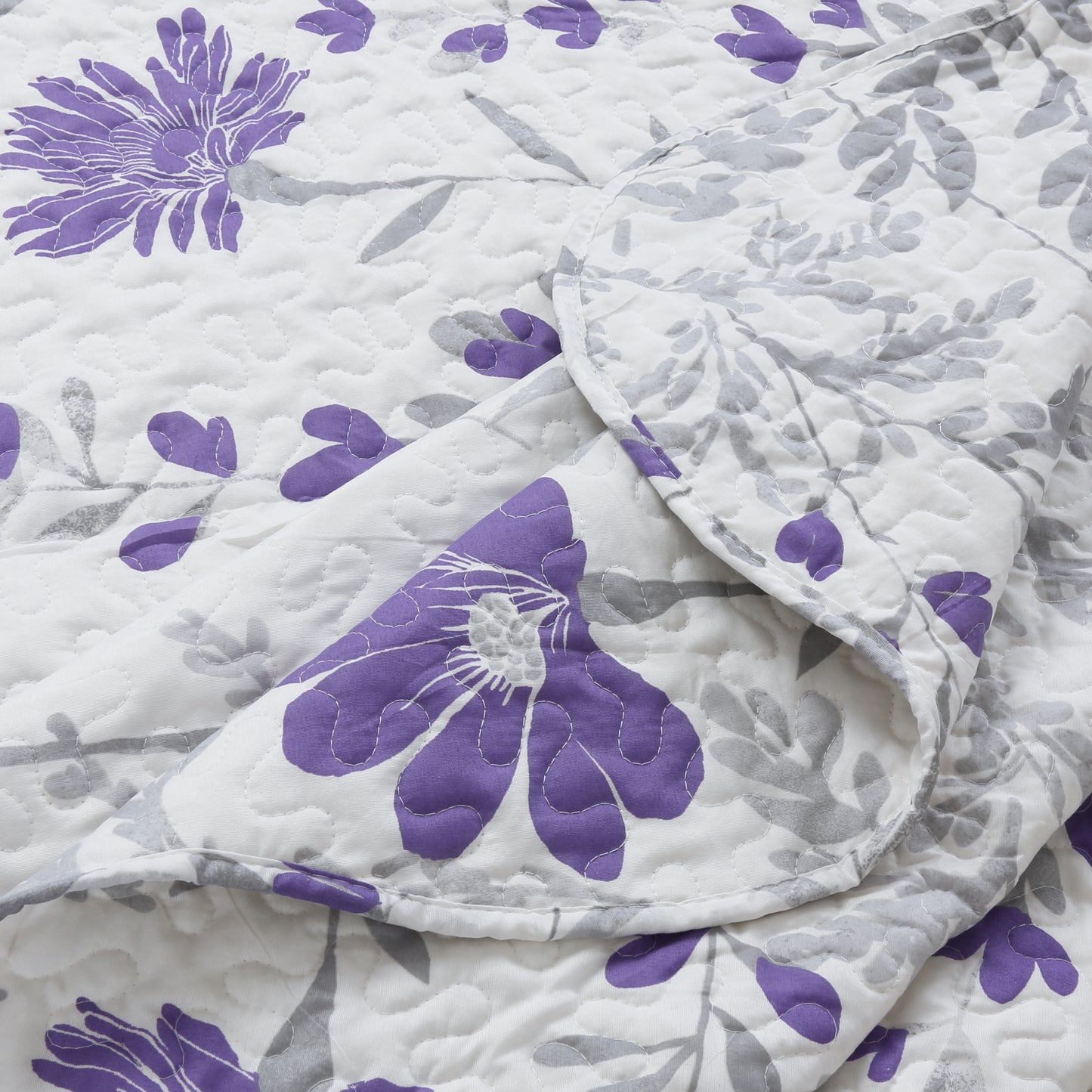 Printed Stitching Coverlet Bedspread Soft Bedding Summer Quilt Set, Modern Purple Floral