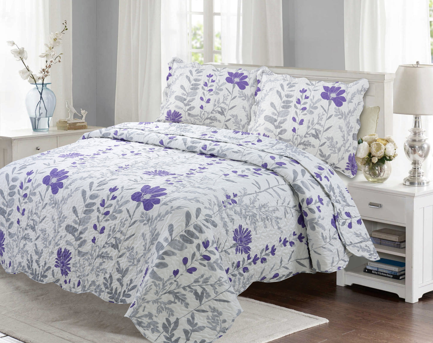 Printed Stitching Coverlet Bedspread Soft Bedding Summer Quilt Set, Modern Purple Floral