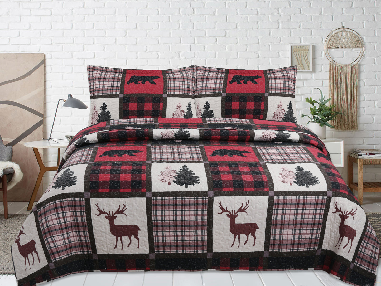 Printed Stitching Coverlet Bedspread Soft Bedding Summer Quilt Set, Bear Reindeer Plaid