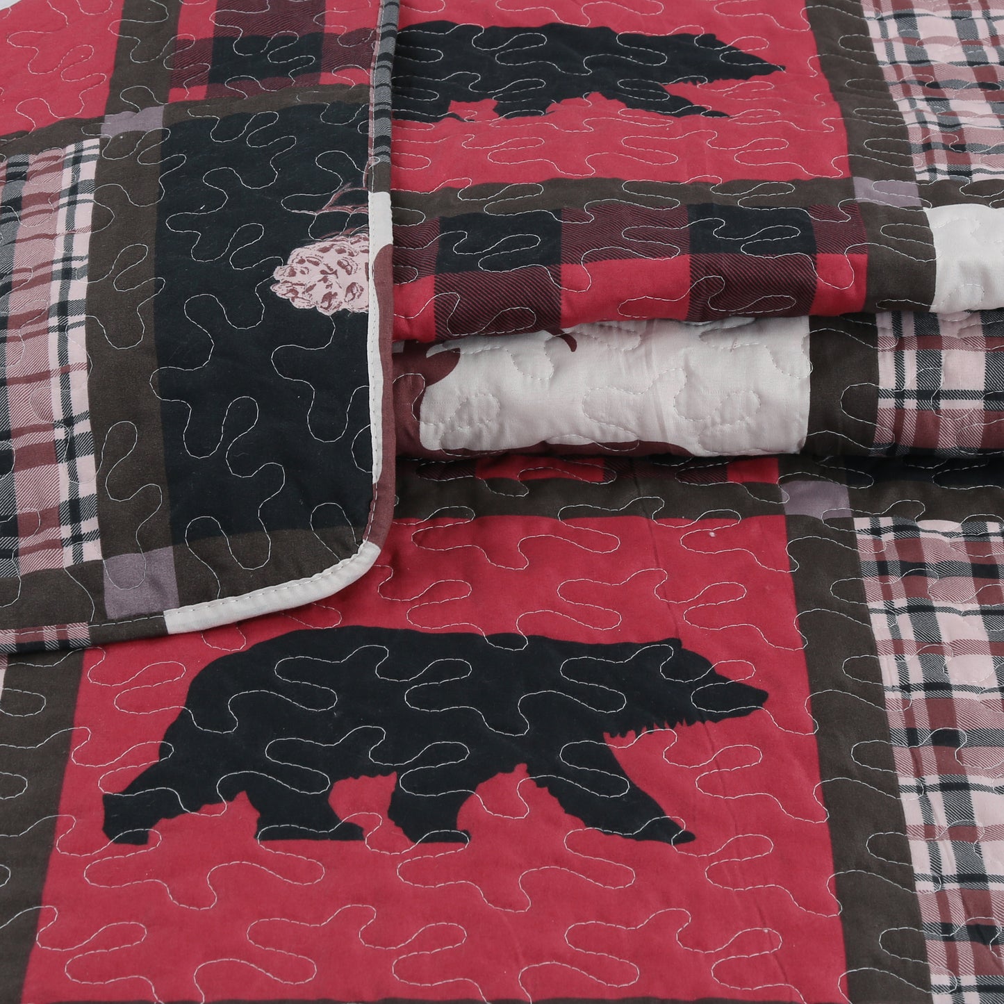 Printed Stitching Coverlet Bedspread Soft Bedding Summer Quilt Set, Bear Reindeer Plaid