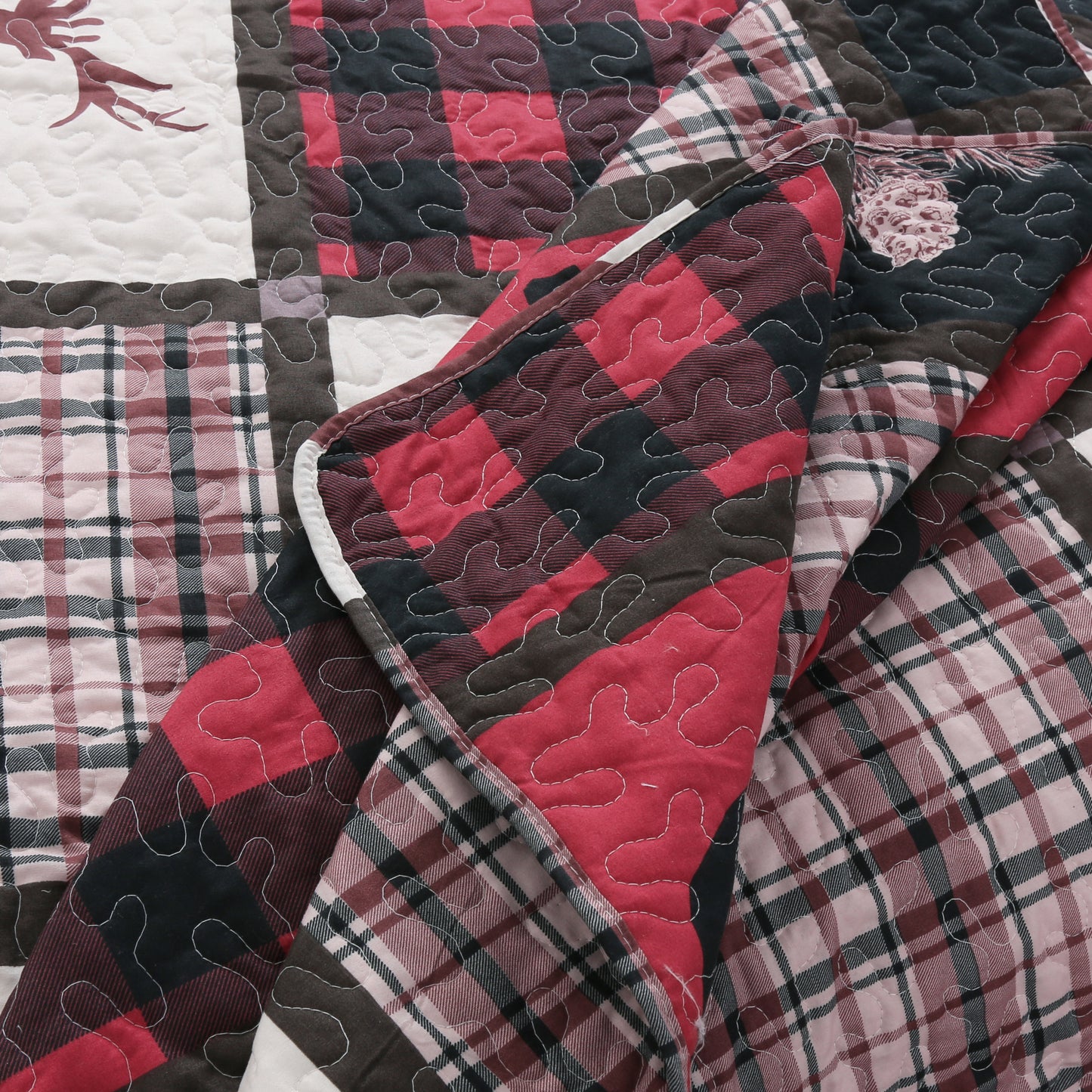 Printed Stitching Coverlet Bedspread Soft Bedding Summer Quilt Set, Bear Reindeer Plaid