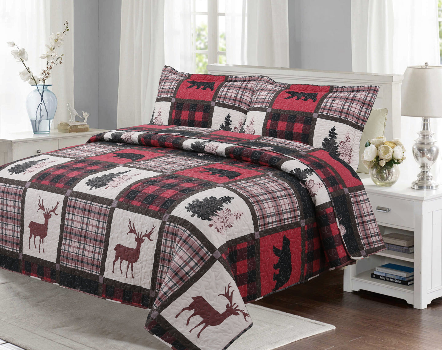 Printed Stitching Coverlet Bedspread Soft Bedding Summer Quilt Set, Bear Reindeer Plaid