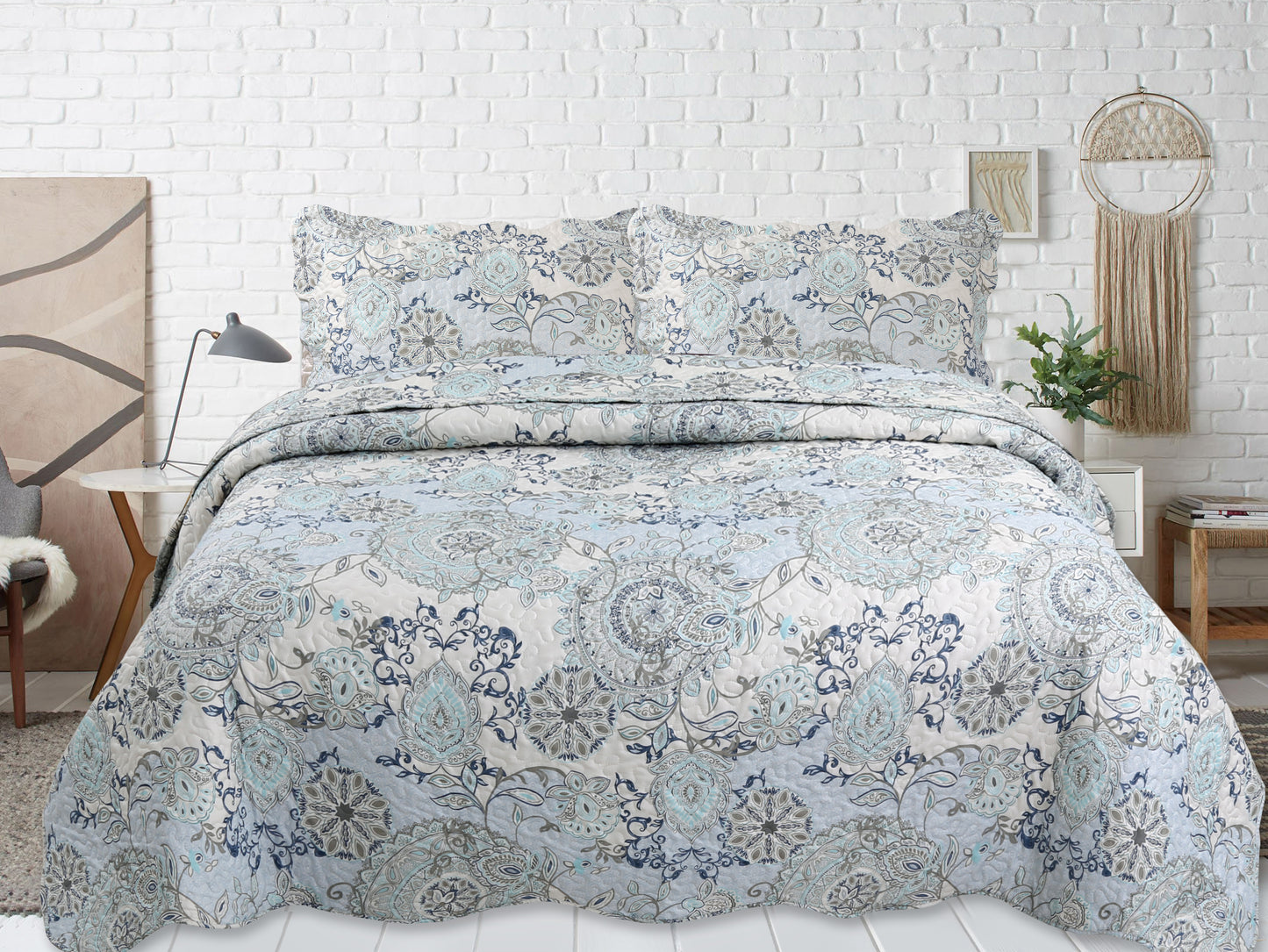 Printed Stitching Coverlet Bedspread Soft Bedding Summer Quilt Set, Blue Mandala Floral