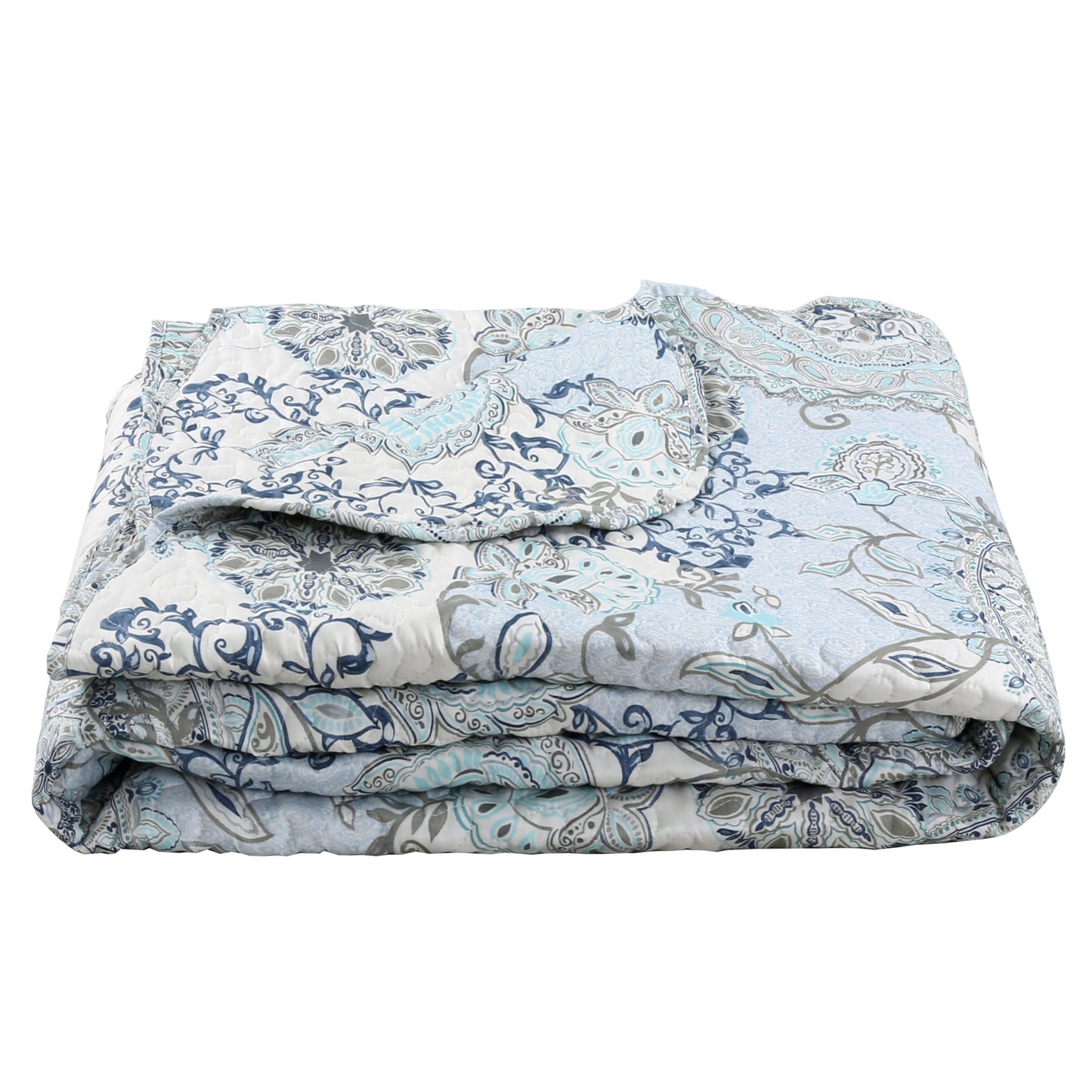 Printed Stitching Coverlet Bedspread Soft Bedding Summer Quilt Set, Blue Mandala Floral