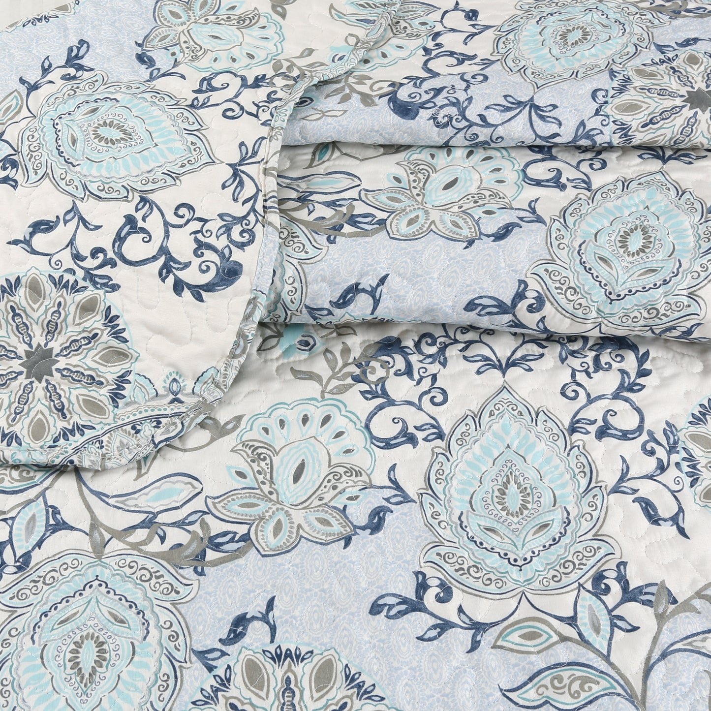 Printed Stitching Coverlet Bedspread Soft Bedding Summer Quilt Set, Blue Mandala Floral