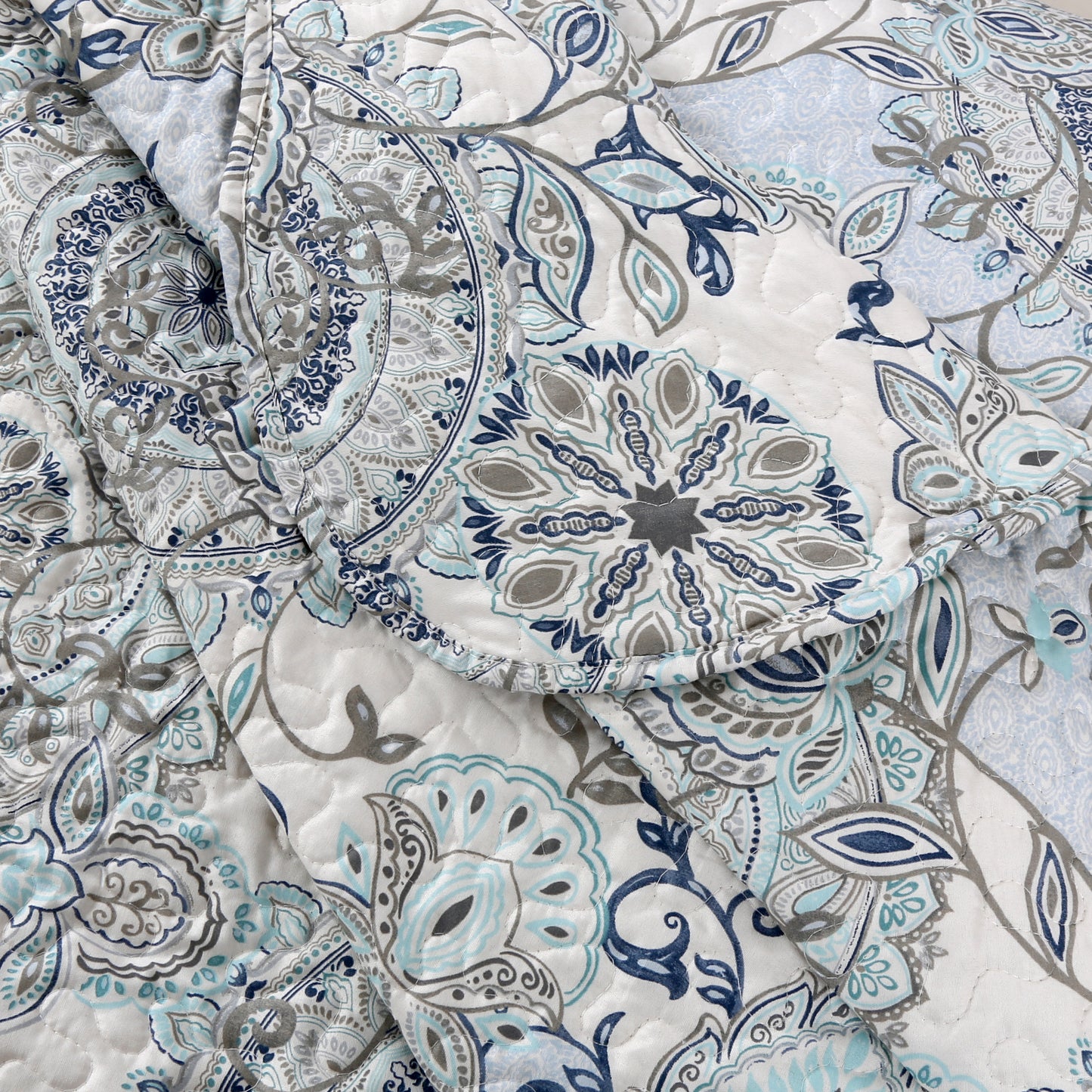 Printed Stitching Coverlet Bedspread Soft Bedding Summer Quilt Set, Blue Mandala Floral