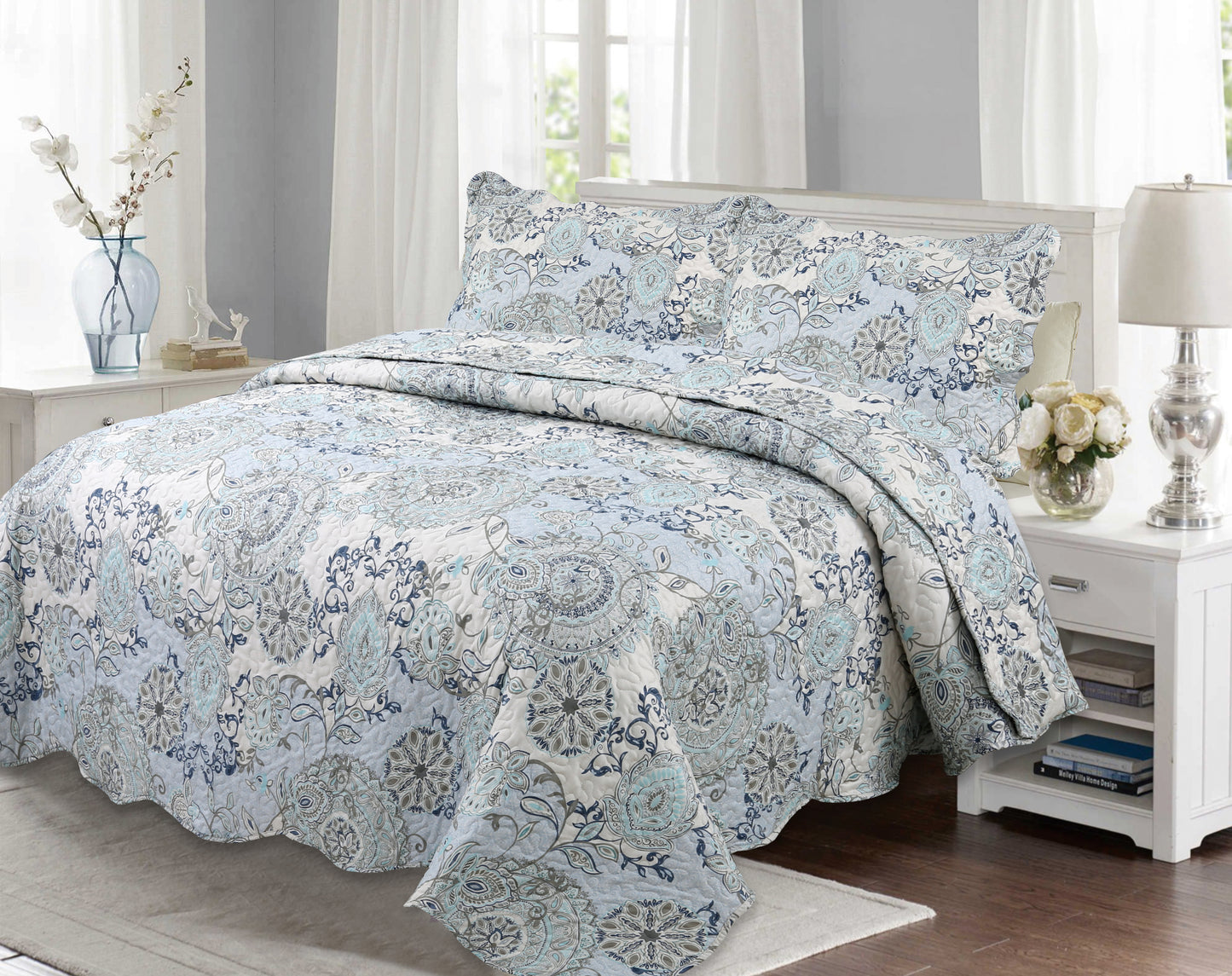Printed Stitching Coverlet Bedspread Soft Bedding Summer Quilt Set, Blue Mandala Floral