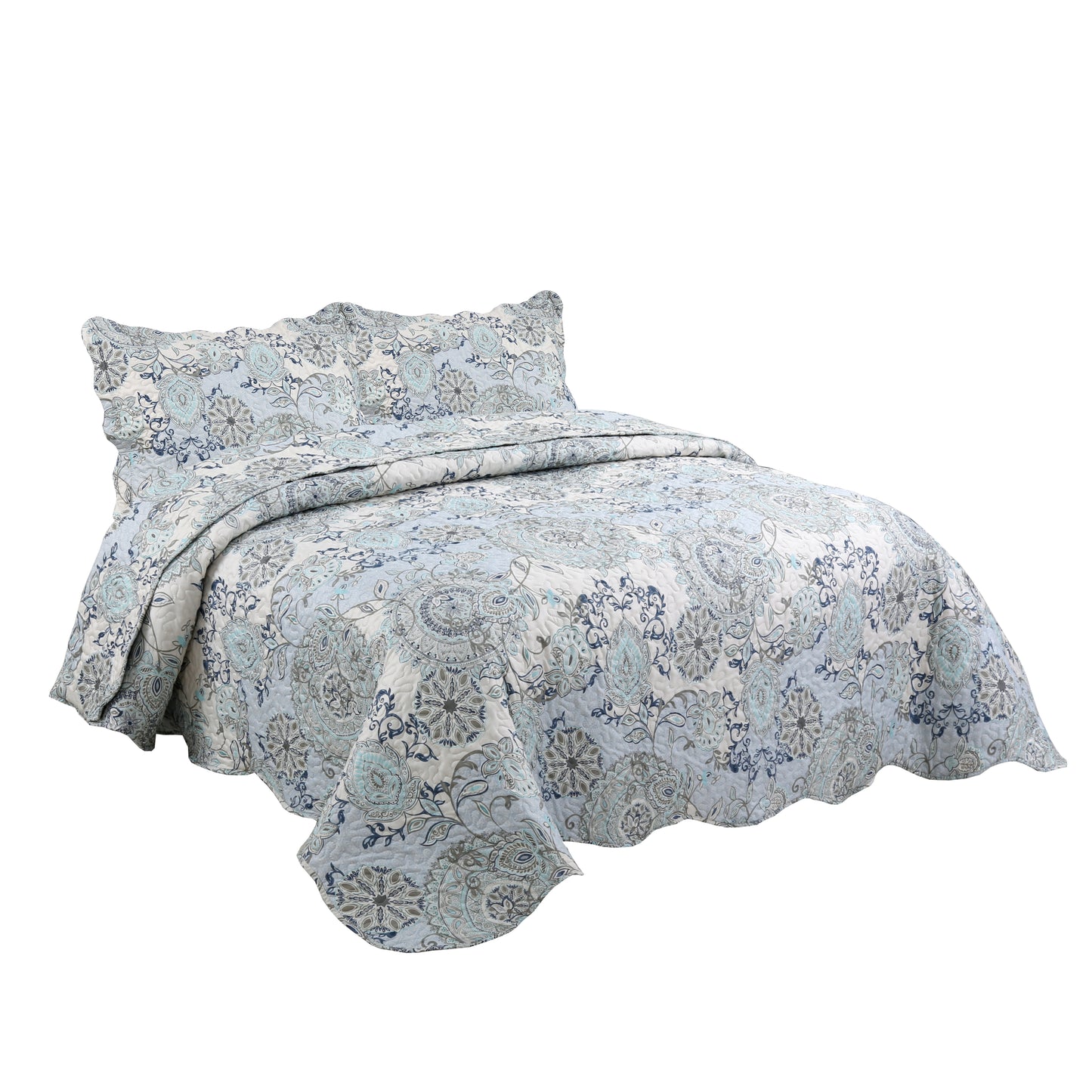Printed Stitching Coverlet Bedspread Soft Bedding Summer Quilt Set, Blue Mandala Floral