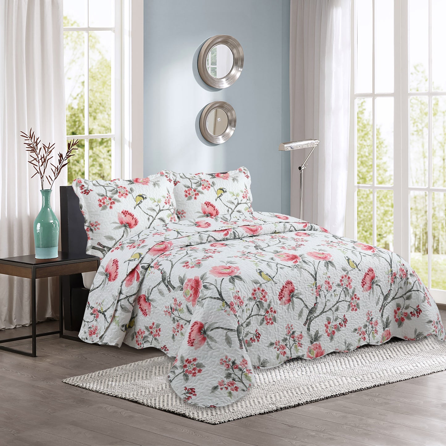 Printed Stitching Coverlet Bedspread Soft Bedding Summer Quilt Set, Pink Floral and Birds Pattern