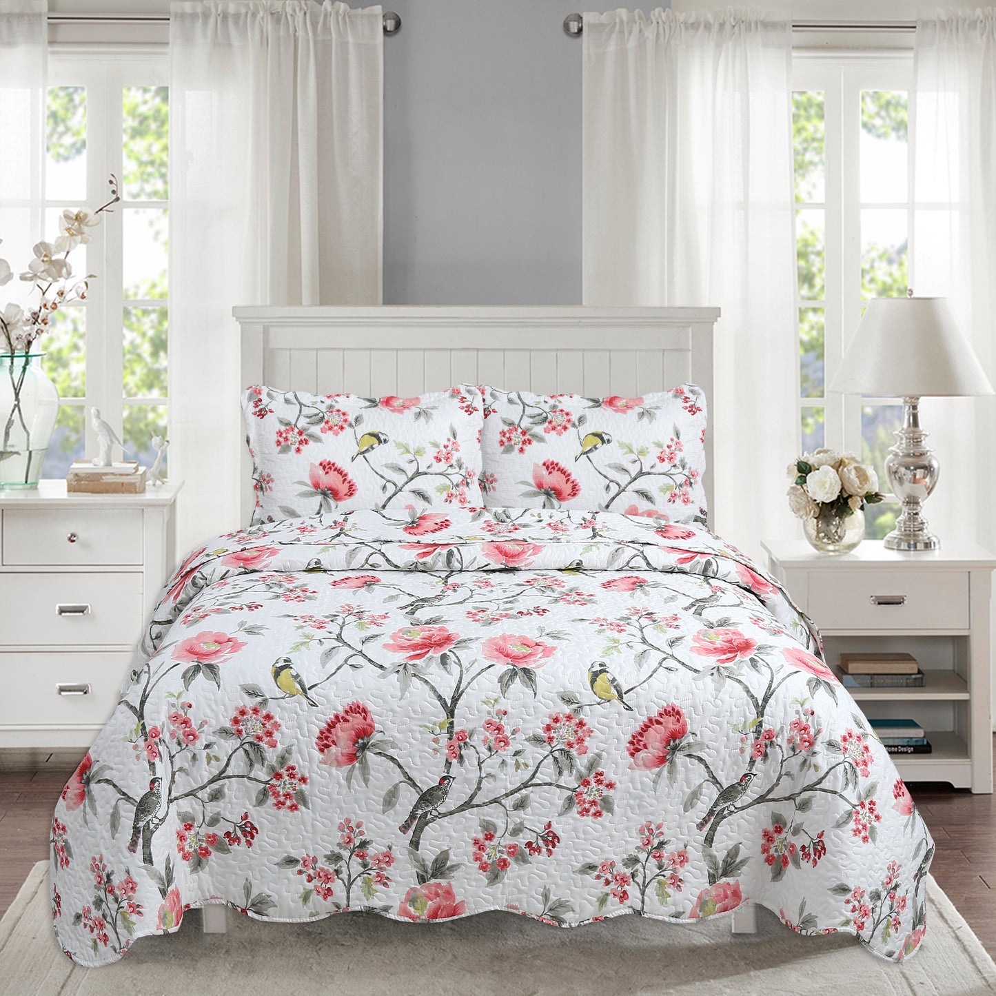 Printed Stitching Coverlet Bedspread Soft Bedding Summer Quilt Set, Pink Floral and Birds Pattern