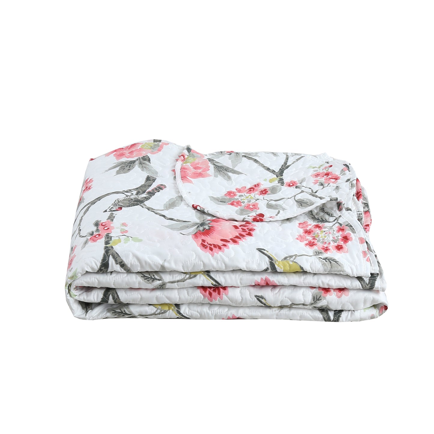 Printed Stitching Coverlet Bedspread Soft Bedding Summer Quilt Set, Pink Floral and Birds Pattern