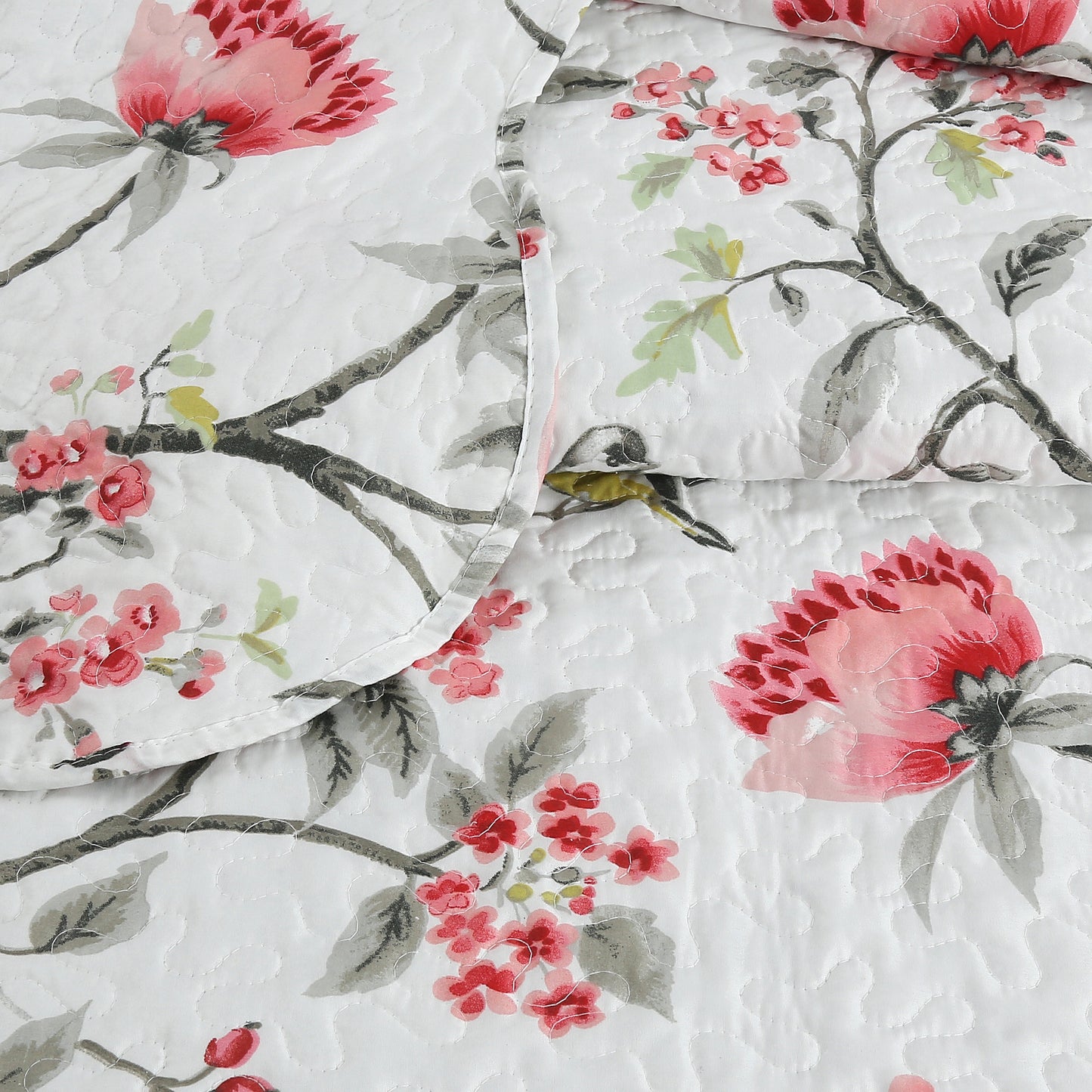 Printed Stitching Coverlet Bedspread Soft Bedding Summer Quilt Set, Pink Floral and Birds Pattern