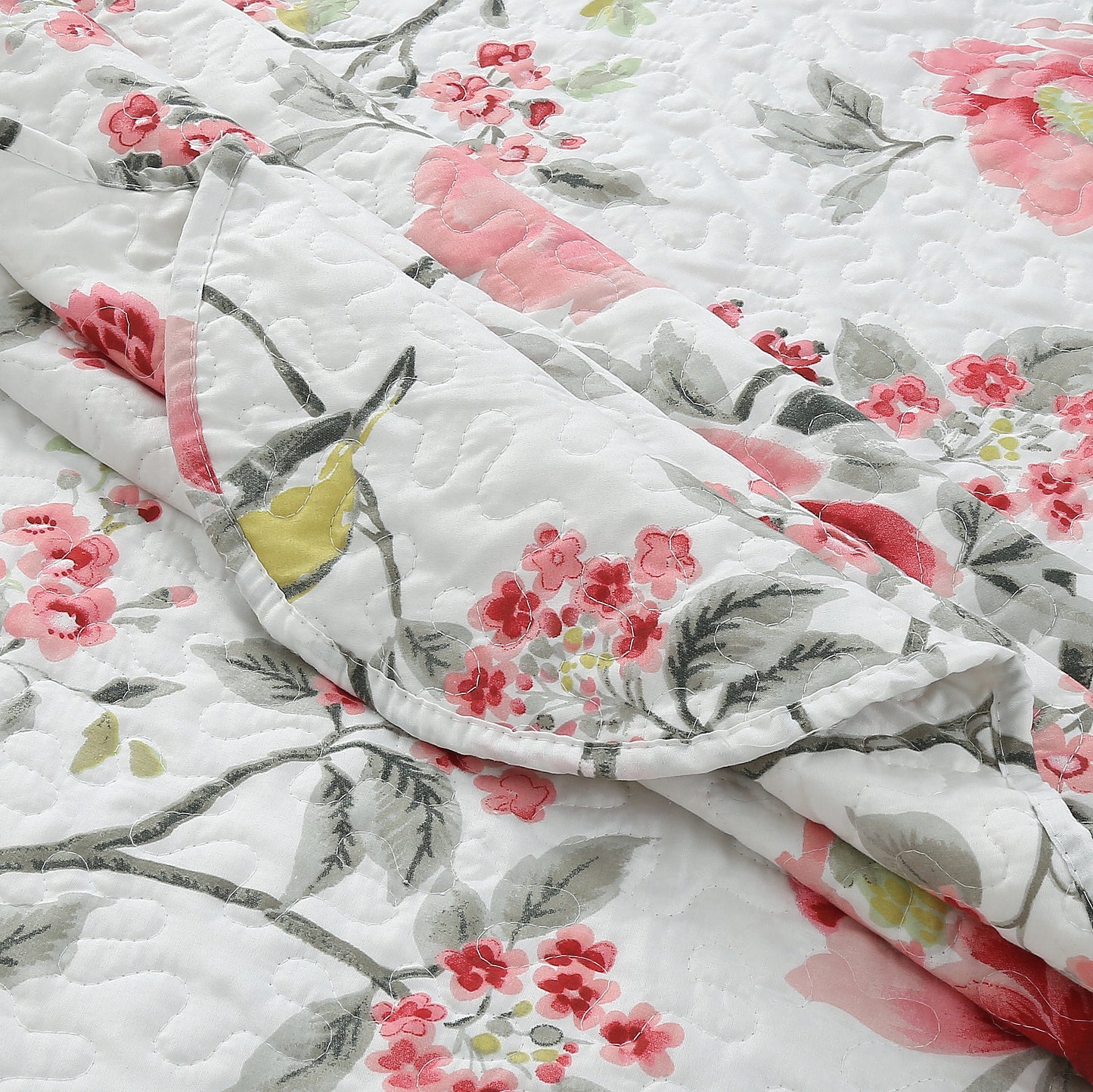 Printed Stitching Coverlet Bedspread Soft Bedding Summer Quilt Set, Pink Floral and Birds Pattern