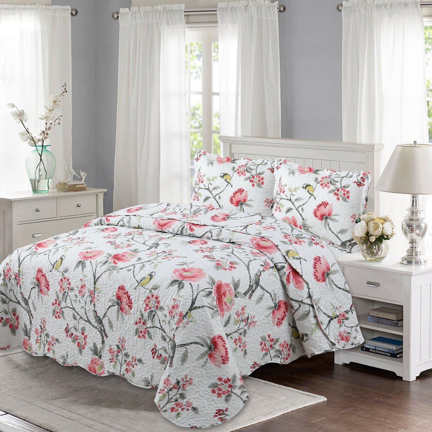 Printed Stitching Coverlet Bedspread Soft Bedding Summer Quilt Set, Pink Floral and Birds Pattern