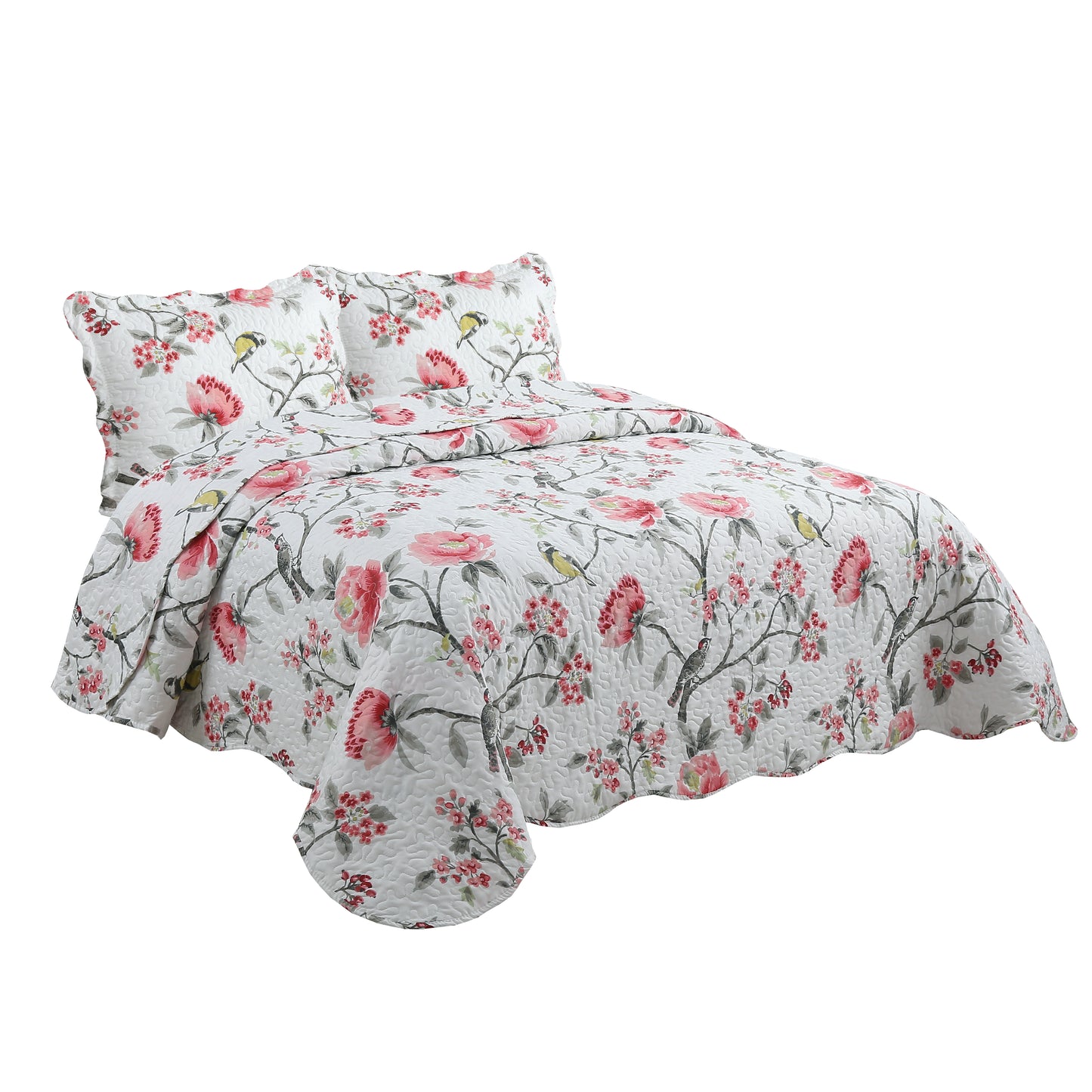 Printed Stitching Coverlet Bedspread Soft Bedding Summer Quilt Set, Pink Floral and Birds Pattern