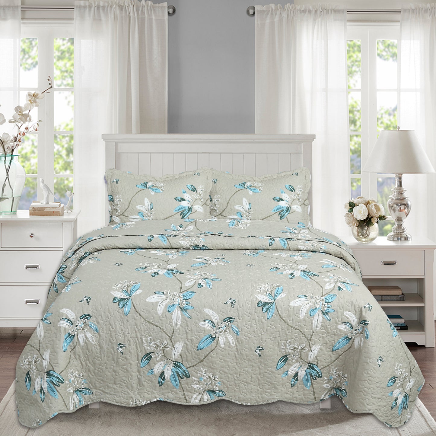 Printed Stitching Coverlet Bedspread Soft Bedding Summer Quilt Set, Modern Floral Taupe Pattern