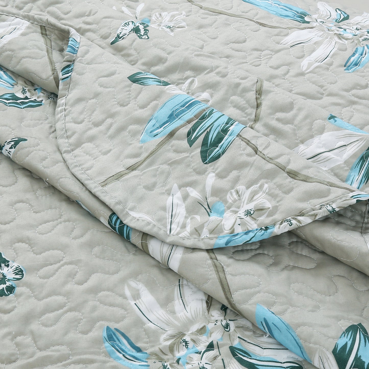 Printed Stitching Coverlet Bedspread Soft Bedding Summer Quilt Set, Modern Floral Taupe Pattern