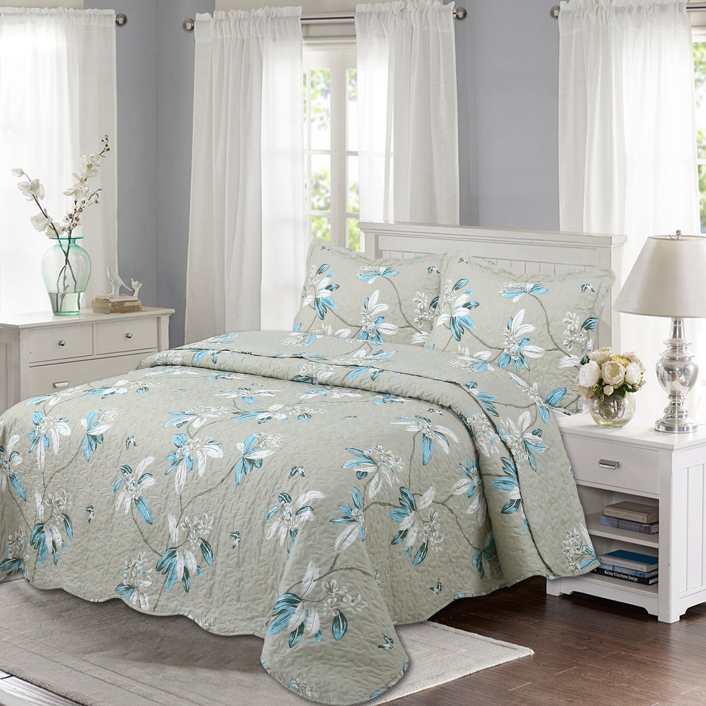 Printed Stitching Coverlet Bedspread Soft Bedding Summer Quilt Set, Modern Floral Taupe Pattern