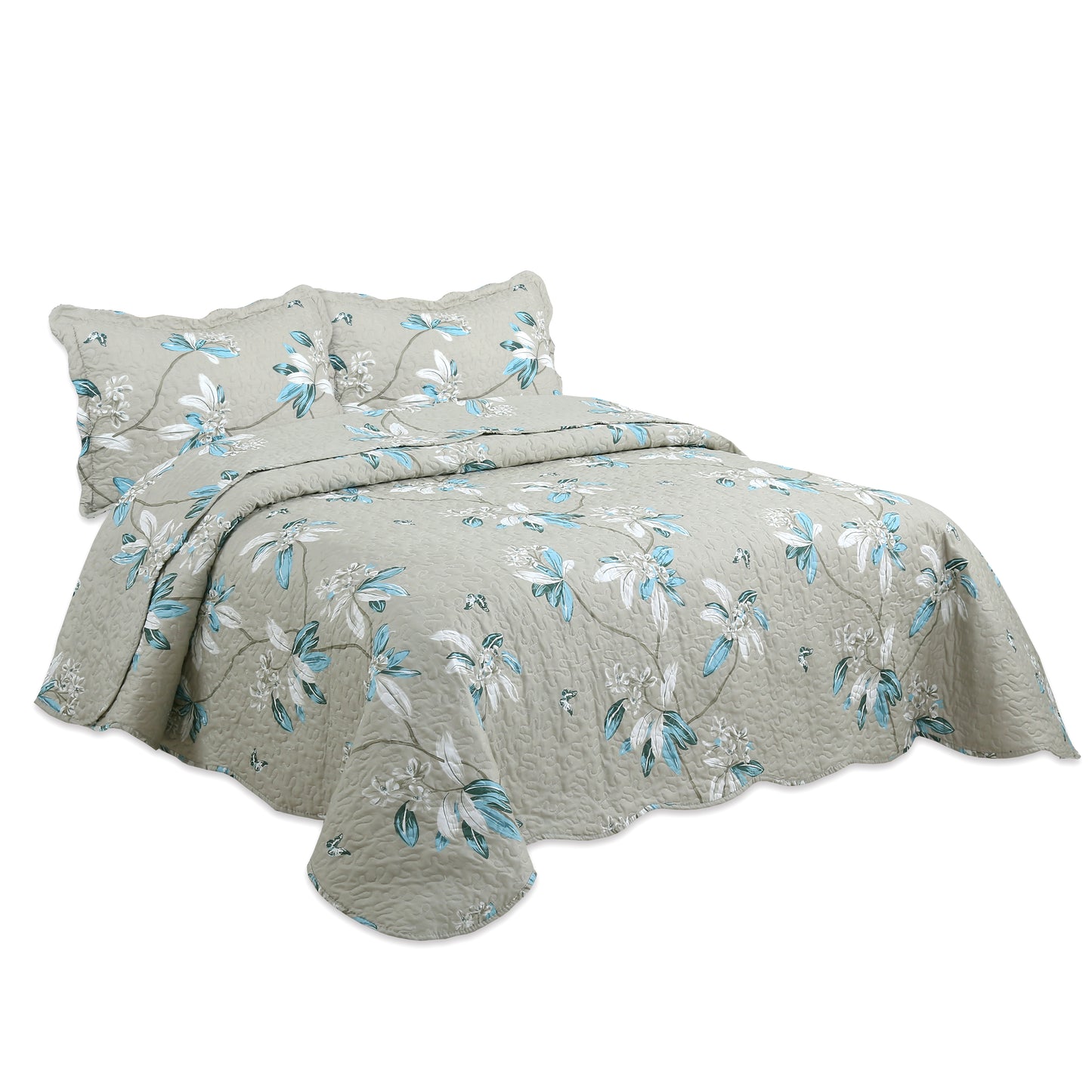 Printed Stitching Coverlet Bedspread Soft Bedding Summer Quilt Set, Modern Floral Taupe Pattern