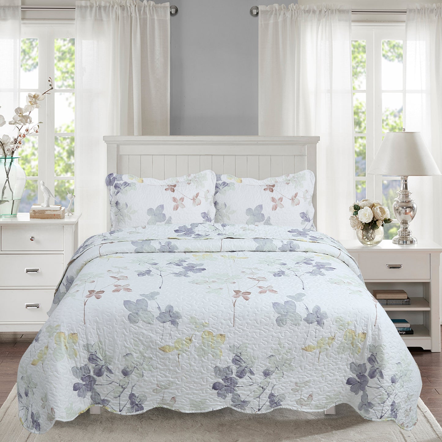 Printed Stitching Coverlet Bedspread Soft Bedding Summer Quilt Set, Modern Inkwash Colorful Floral