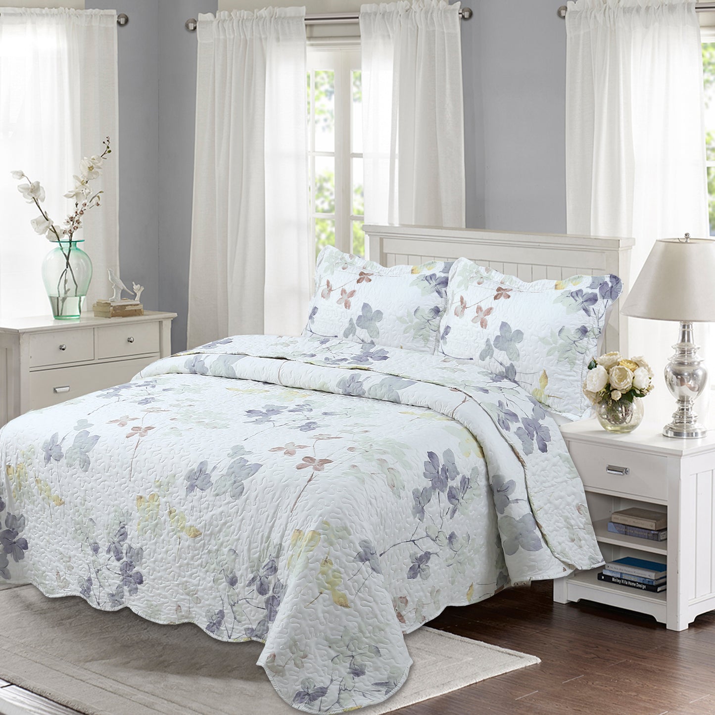Printed Stitching Coverlet Bedspread Soft Bedding Summer Quilt Set, Modern Inkwash Colorful Floral