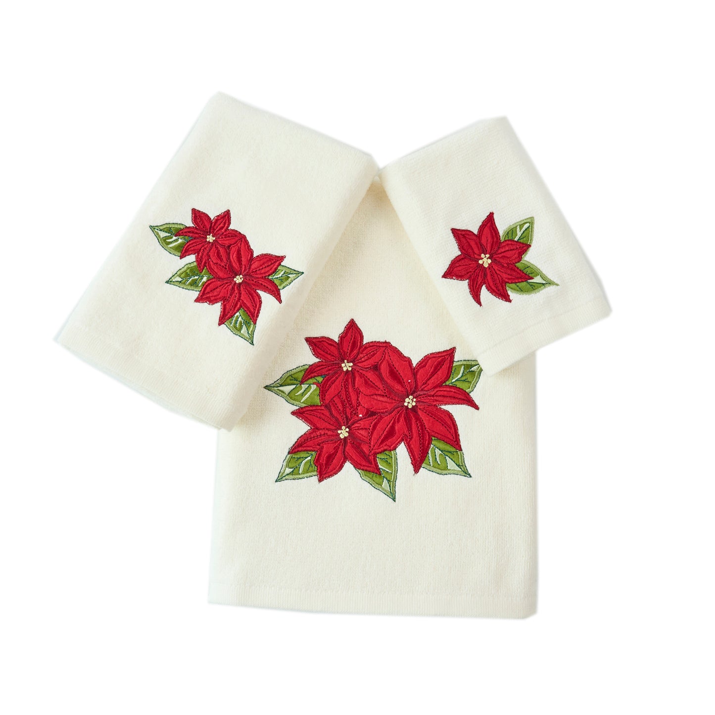Premium Luxury Xmas Decor Soft 100% Cotton Embroidered Bathroom Christmas 3 Piece Towel Set, Red Poinsettia Flower