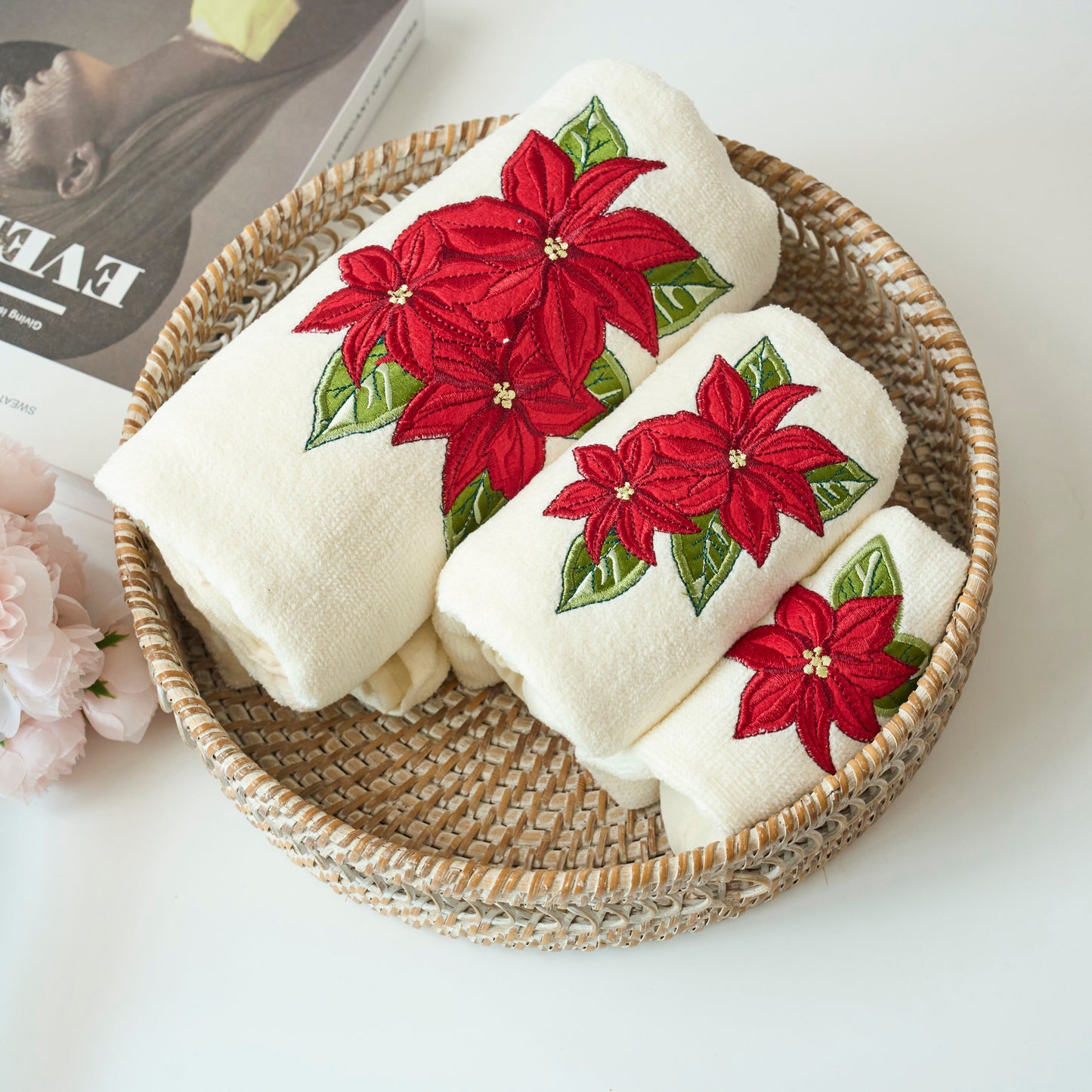 Premium Luxury Xmas Decor Soft 100% Cotton Embroidered Bathroom Christmas 3 Piece Towel Set, Red Poinsettia Flower