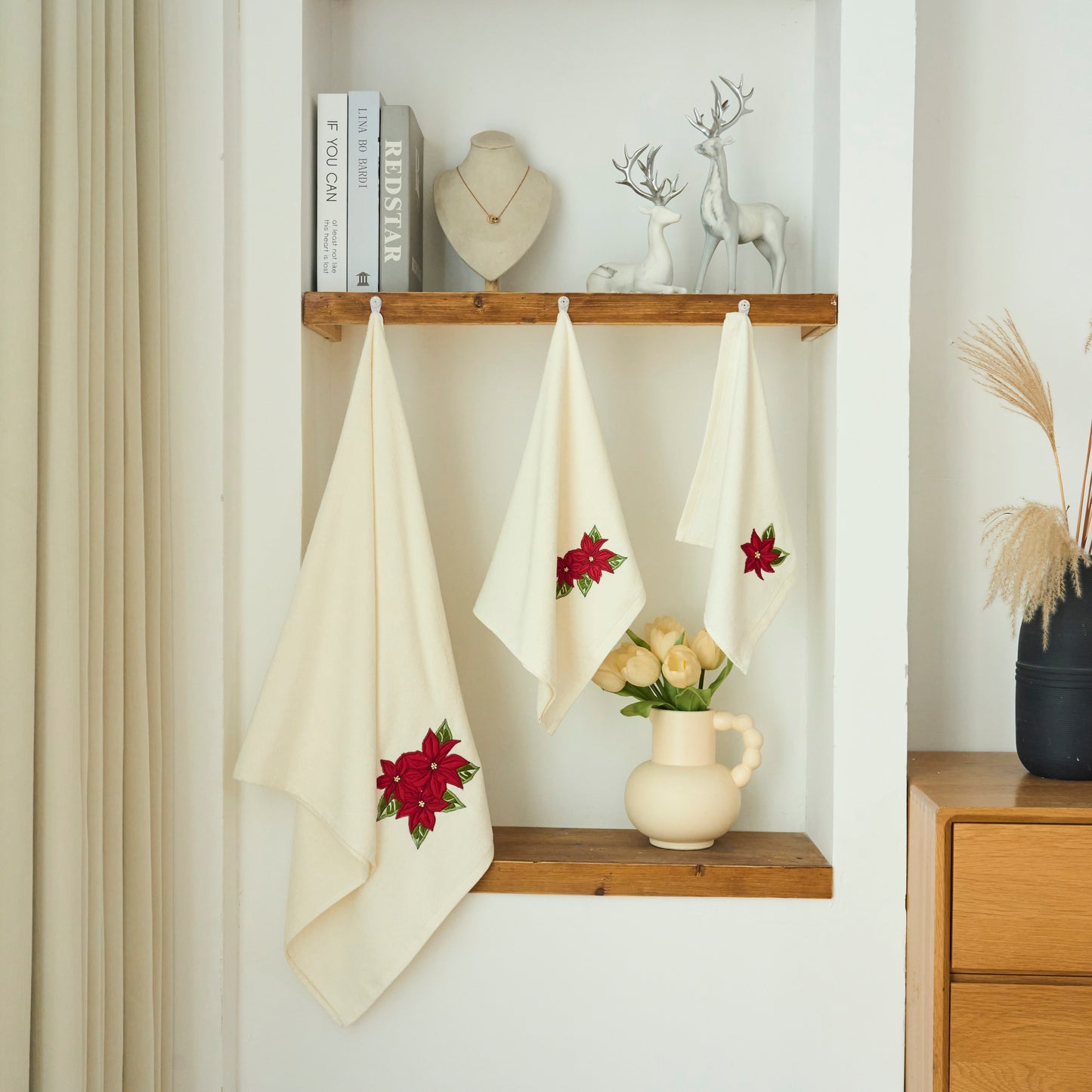 Premium Luxury Xmas Decor Soft 100% Cotton Embroidered Bathroom Christmas 3 Piece Towel Set, Red Poinsettia Flower