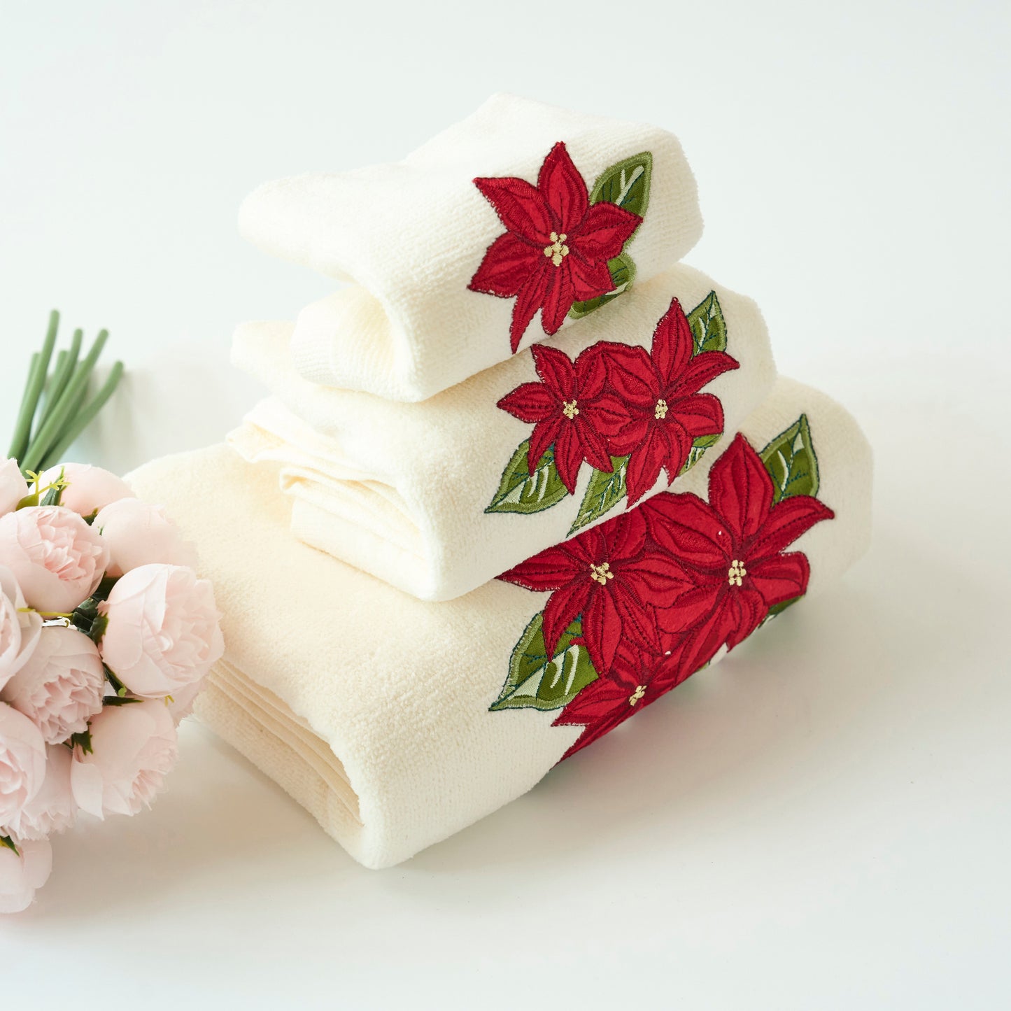 Premium Luxury Xmas Decor Soft 100% Cotton Embroidered Bathroom Christmas 3 Piece Towel Set, Red Poinsettia Flower