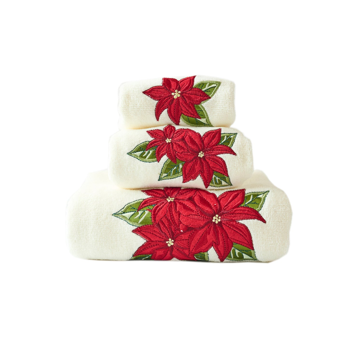 Premium Luxury Xmas Decor Soft 100% Cotton Embroidered Bathroom Christmas 3 Piece Towel Set, Red Poinsettia Flower