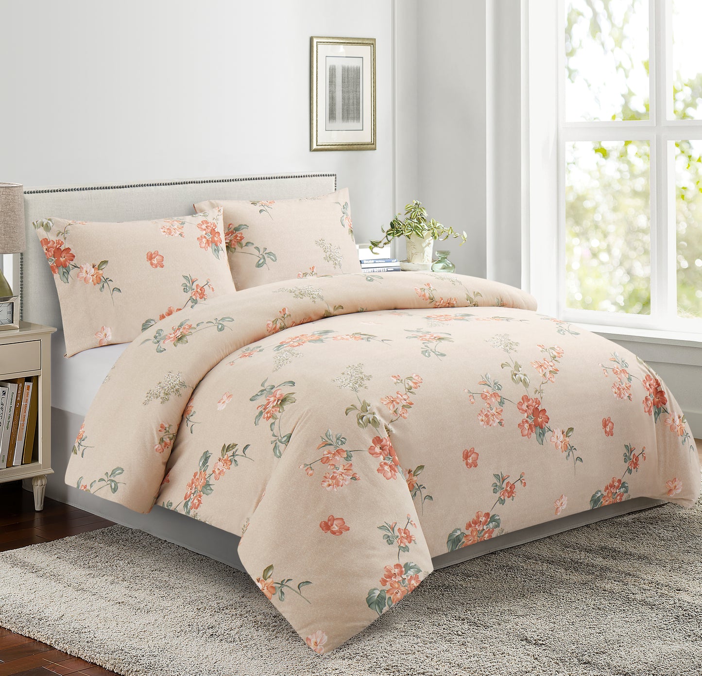 Printed Rayon from Bamboo Soft All Season Duvet Cover Fitted Sheet Ensemble Bedding Set with Zipper and Corner Tie, Peach Floral Taupe