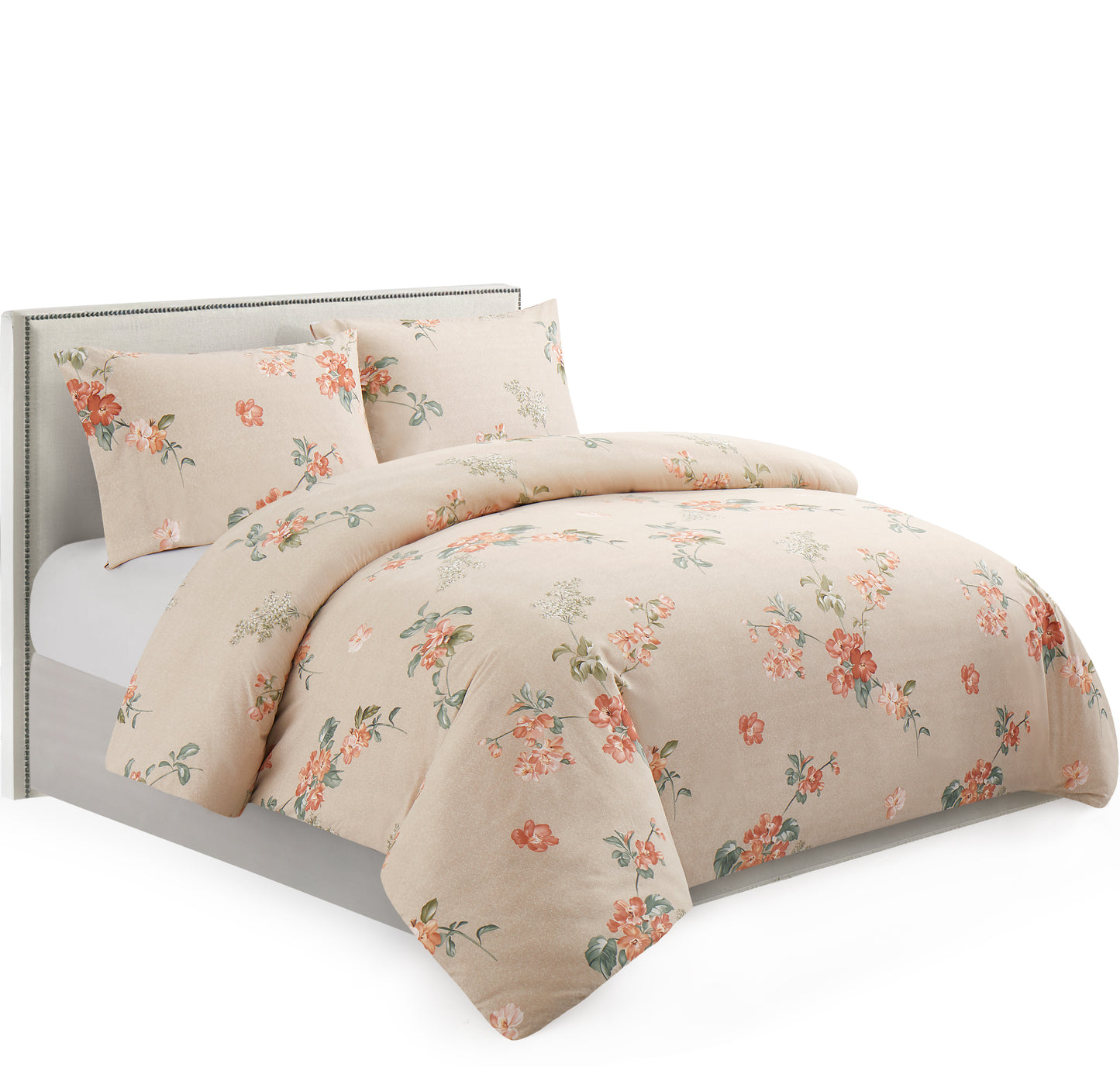 Printed Rayon from Bamboo Soft All Season Duvet Cover Fitted Sheet Ensemble Bedding Set with Zipper and Corner Tie, Peach Floral Taupe