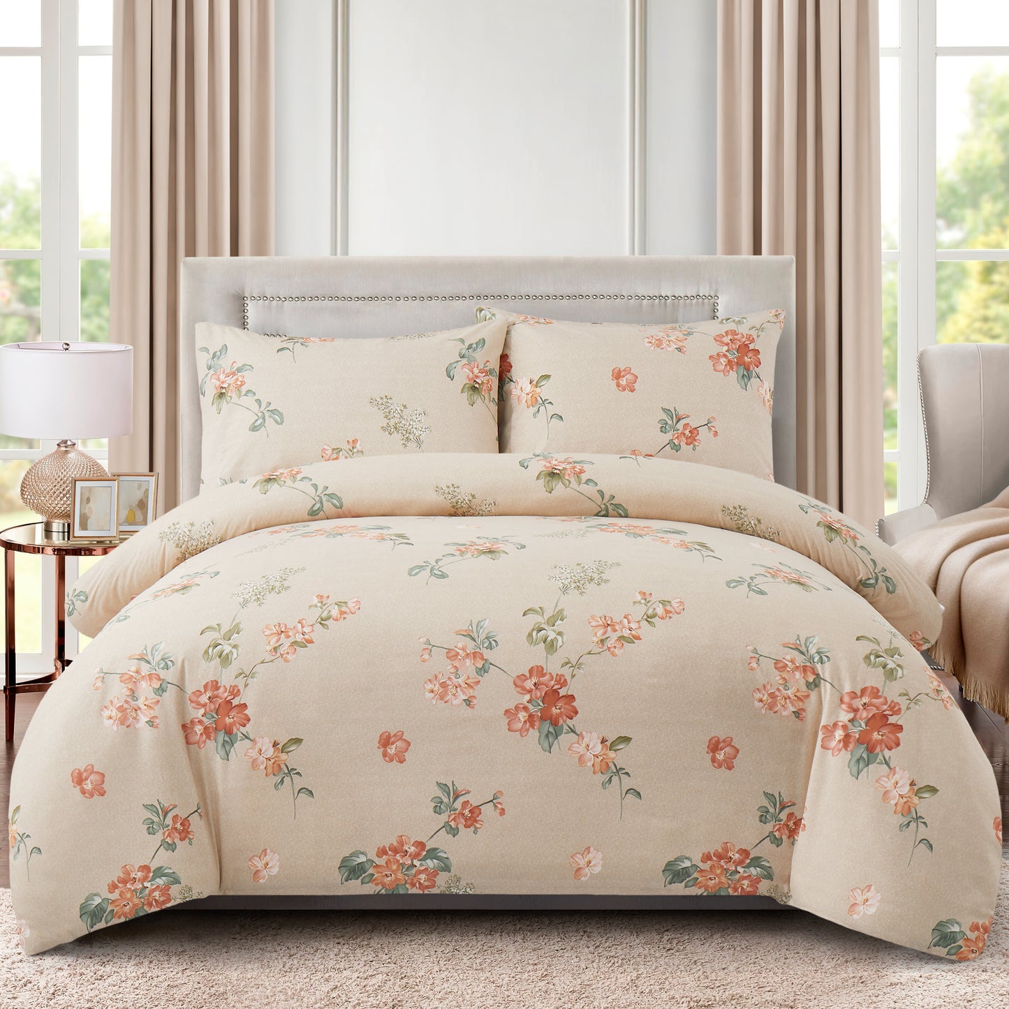Printed Rayon from Bamboo Soft All Season Duvet Cover Fitted Sheet Ensemble Bedding Set with Zipper and Corner Tie, Peach Floral Taupe