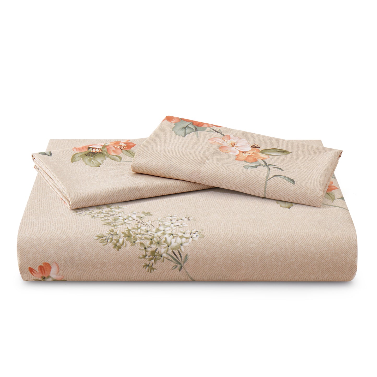 Printed Rayon from Bamboo Soft All Season Duvet Cover Fitted Sheet Ensemble Bedding Set with Zipper and Corner Tie, Peach Floral Taupe