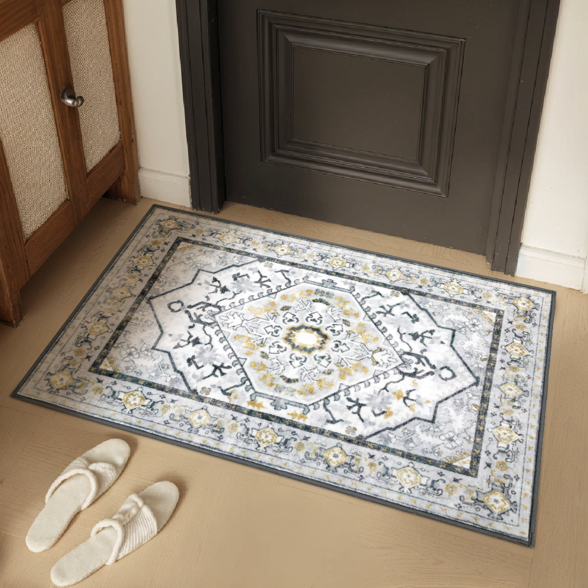 Decor Non-Slip Back Soft Runner Area Carpet Floor Area Rug Indoor Accent Decorative Mat, Modern Grey Yellow Floral