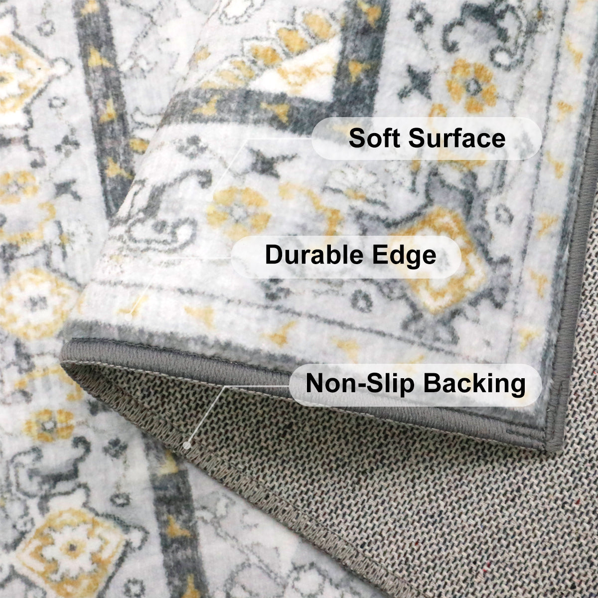 Decor Non-Slip Back Soft Runner Area Carpet Floor Area Rug Indoor Accent Decorative Mat, Modern Grey Yellow Floral