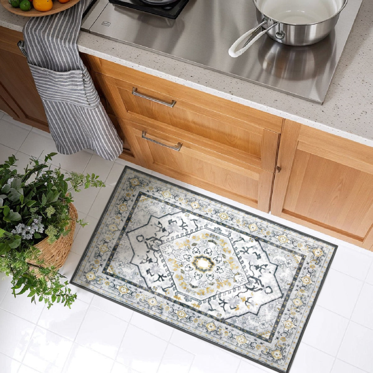 Decor Non-Slip Back Soft Runner Area Carpet Floor Area Rug Indoor Accent Decorative Mat, Modern Grey Yellow Floral