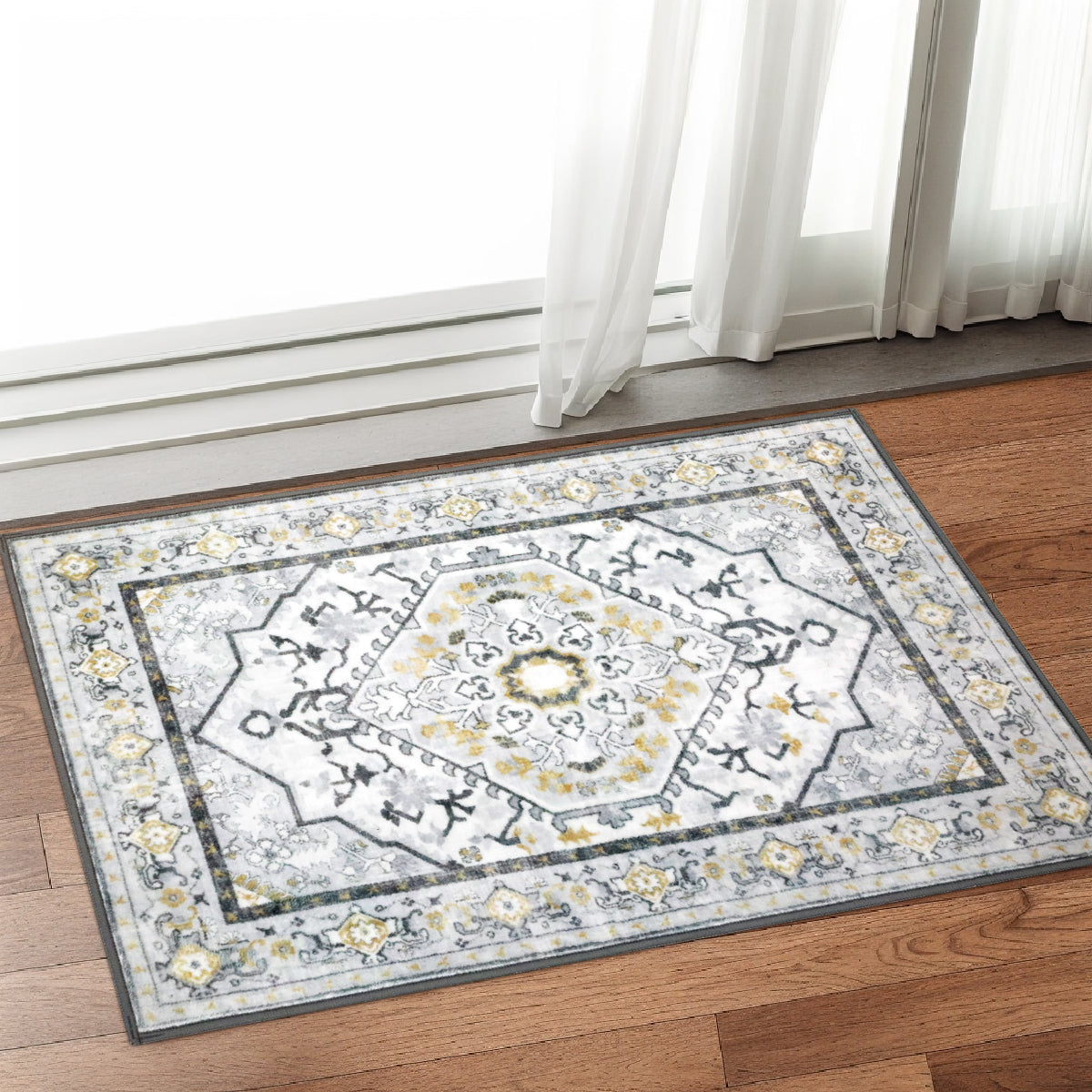 Decor Non-Slip Back Soft Runner Area Carpet Floor Area Rug Indoor Accent Decorative Mat, Modern Grey Yellow Floral