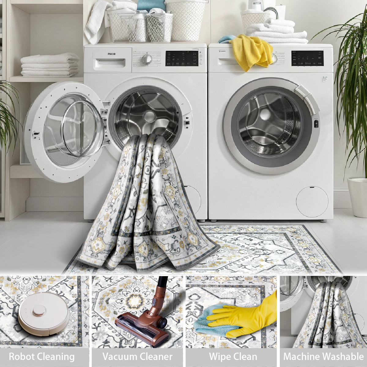 Decor Non-Slip Back Soft Runner Area Carpet Floor Area Rug Indoor Accent Decorative Mat, Modern Grey Yellow Floral