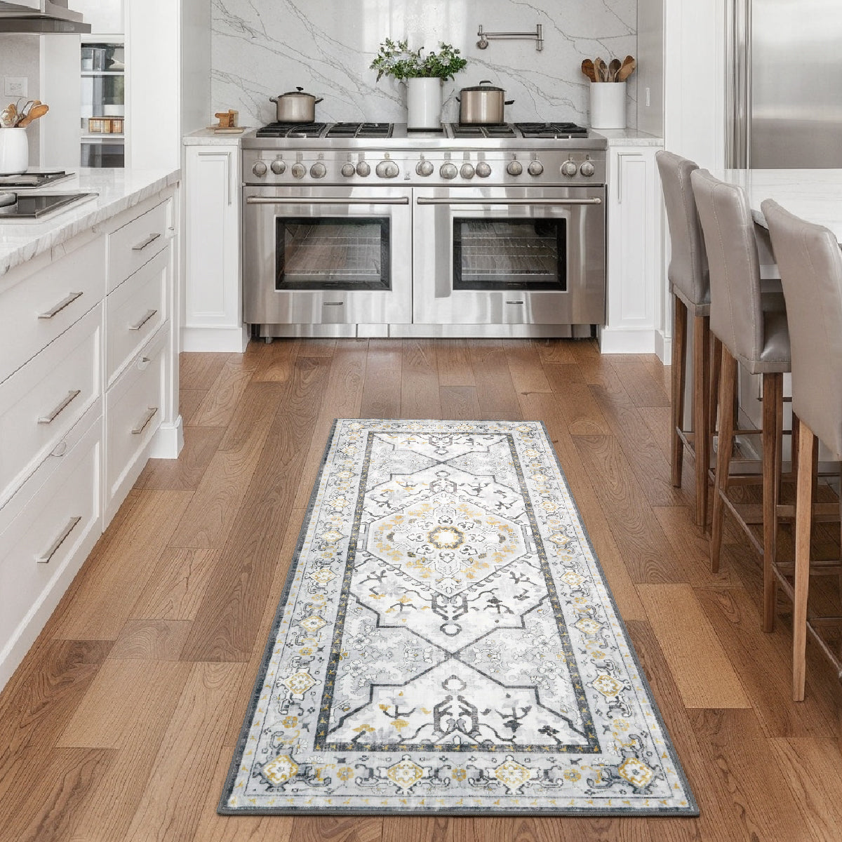 Decor Non-Slip Back Soft Runner Area Carpet Floor Area Rug Indoor Accent Decorative Mat, Modern Grey Yellow Floral