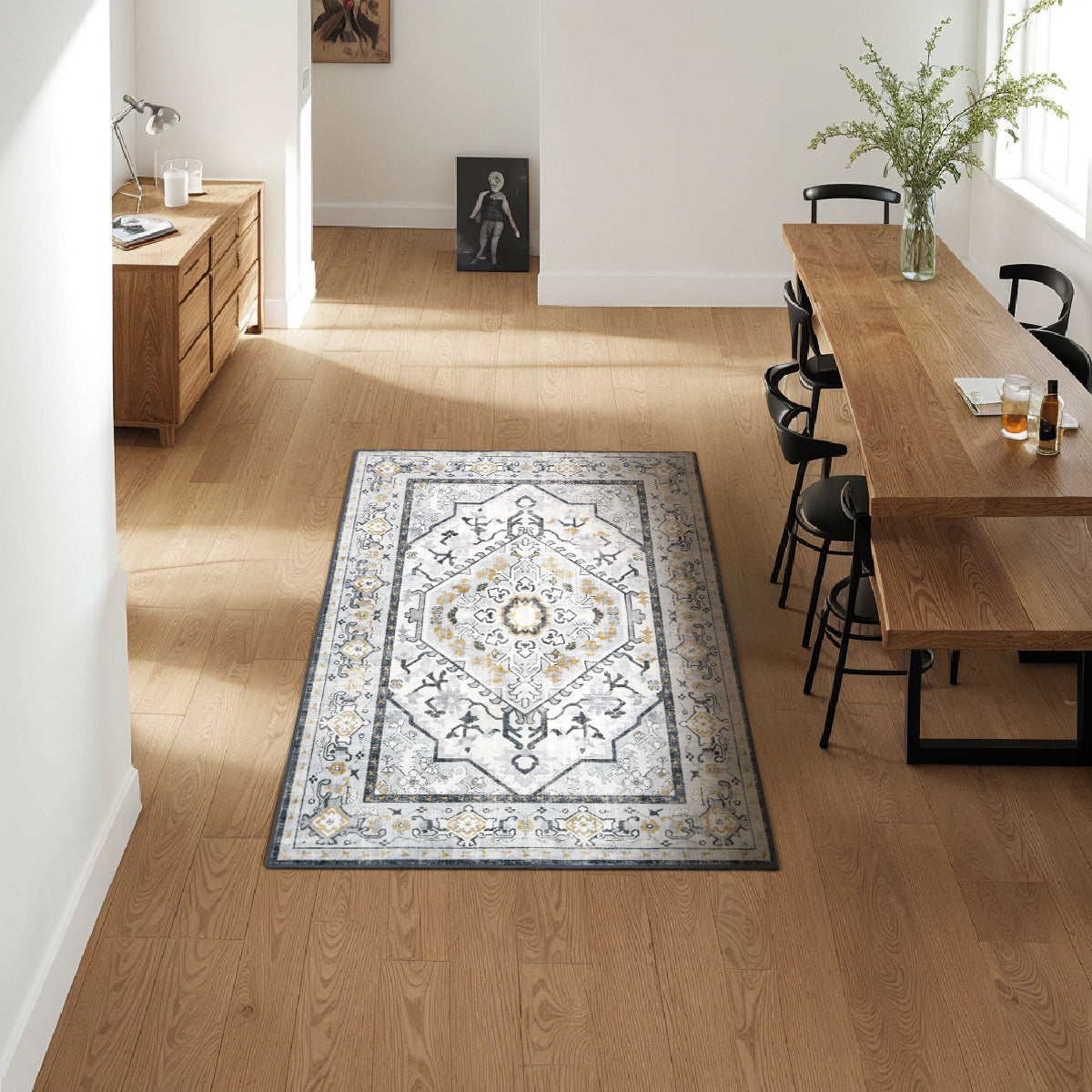 Decor Non-Slip Back Soft Runner Area Carpet Floor Area Rug Indoor Accent Decorative Mat, Modern Grey Yellow Floral