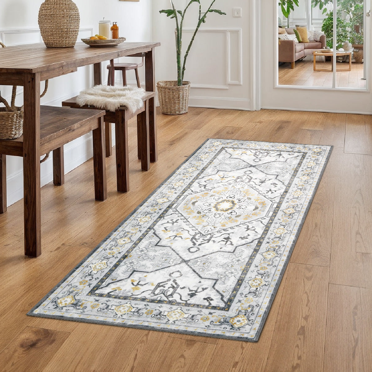 Decor Non-Slip Back Soft Runner Area Carpet Floor Area Rug Indoor Accent Decorative Mat, Modern Grey Yellow Floral