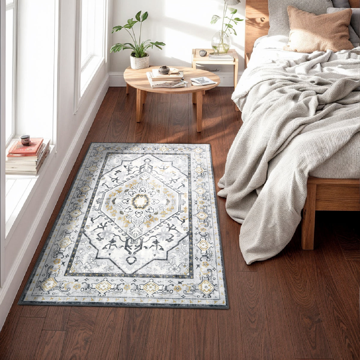 Decor Non-Slip Back Soft Runner Area Carpet Floor Area Rug Indoor Accent Decorative Mat, Modern Grey Yellow Floral