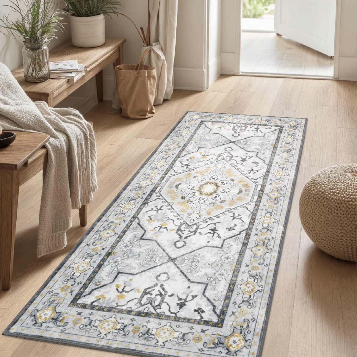 Decor Non-Slip Back Soft Runner Area Carpet Floor Area Rug Indoor Accent Decorative Mat, Modern Grey Yellow Floral