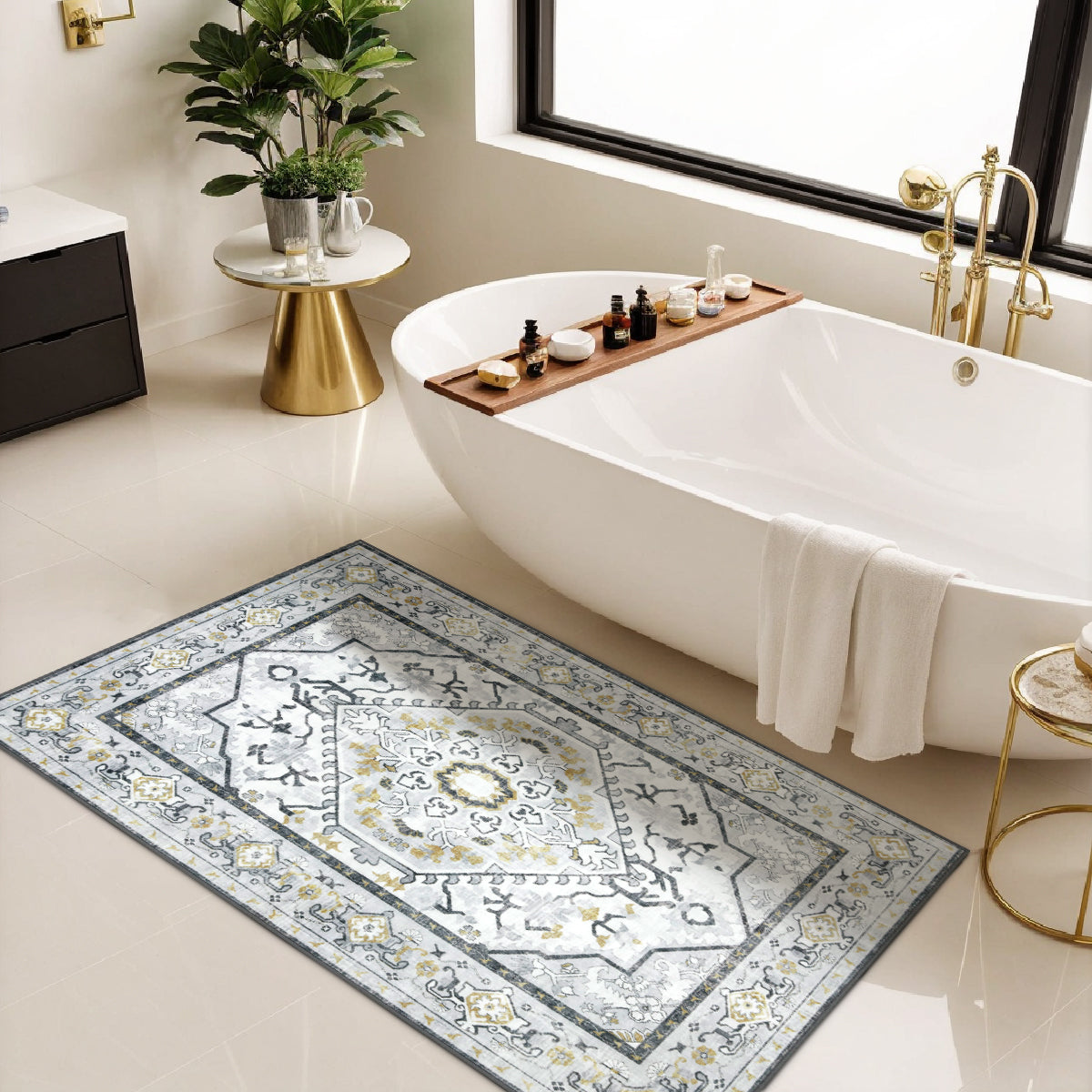 Decor Non-Slip Back Soft Runner Area Carpet Floor Area Rug Indoor Accent Decorative Mat, Modern Grey Yellow Floral