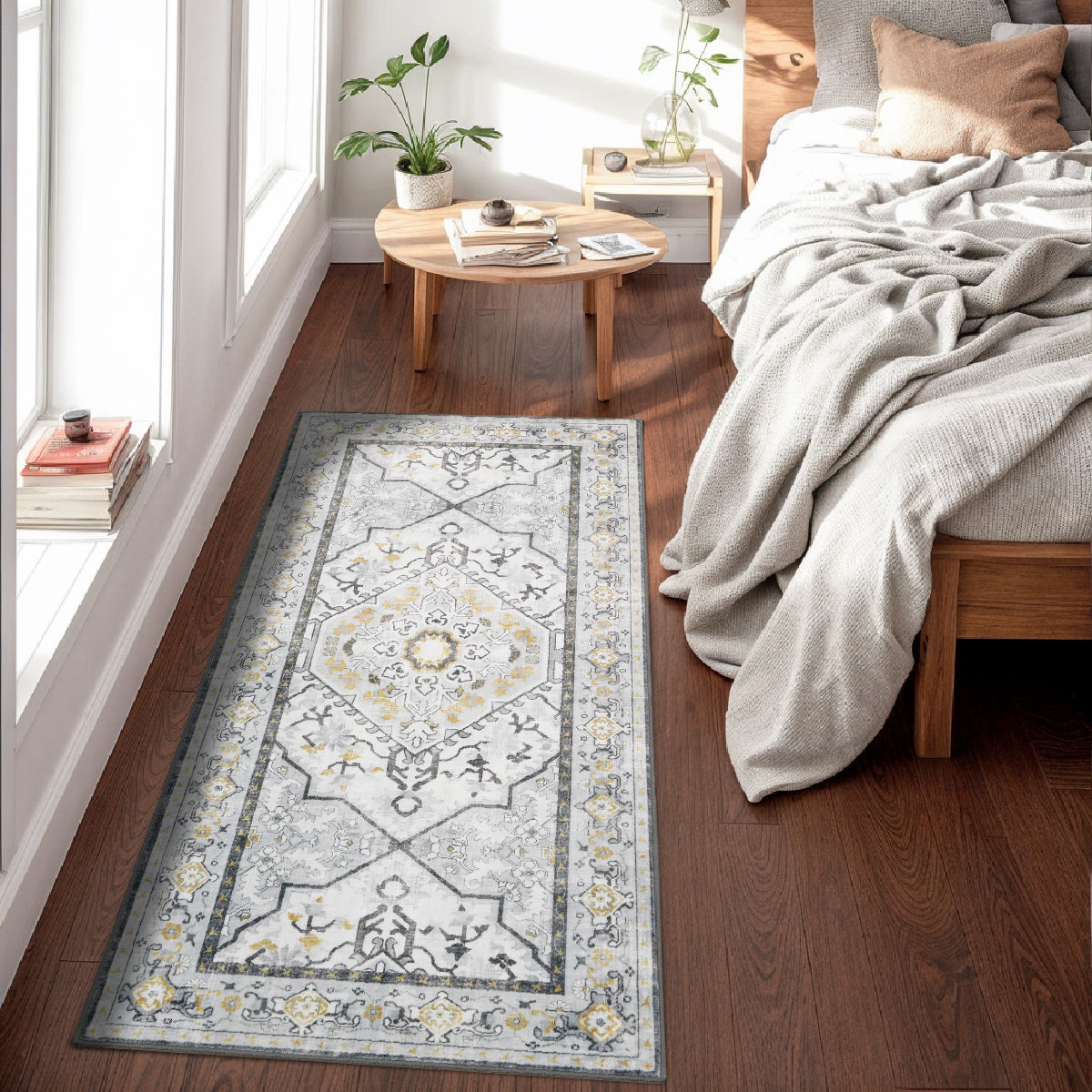 Decor Non-Slip Back Soft Runner Area Carpet Floor Area Rug Indoor Accent Decorative Mat, Modern Grey Yellow Floral